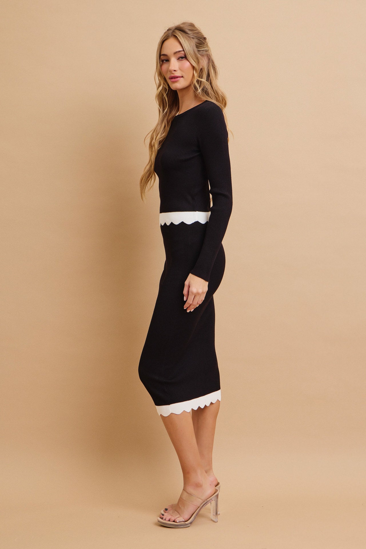 Kiora Knit Colorblock Scallop Hem Long Sleeve Top & Midi Skirt Set