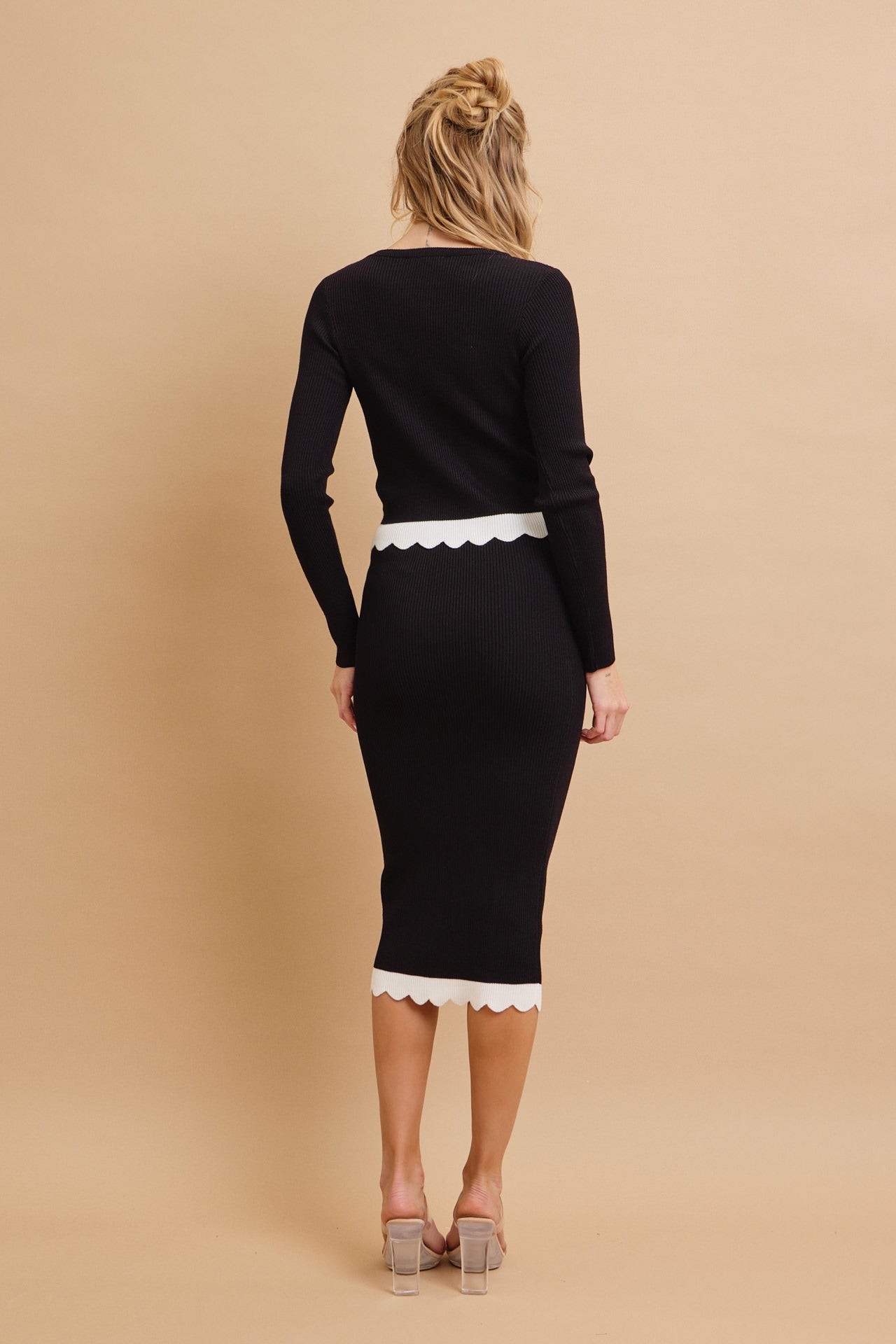 Kiora Knit Colorblock Scallop Hem Long Sleeve Top & Midi Skirt Set