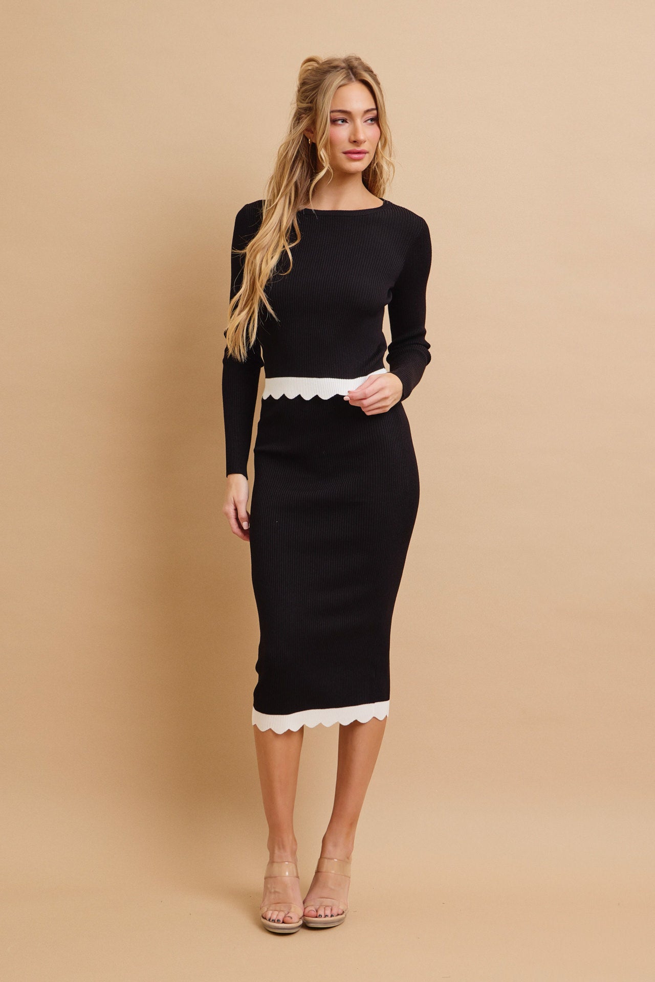 Kiora Knit Colorblock Scallop Hem Long Sleeve Top & Midi Skirt Set