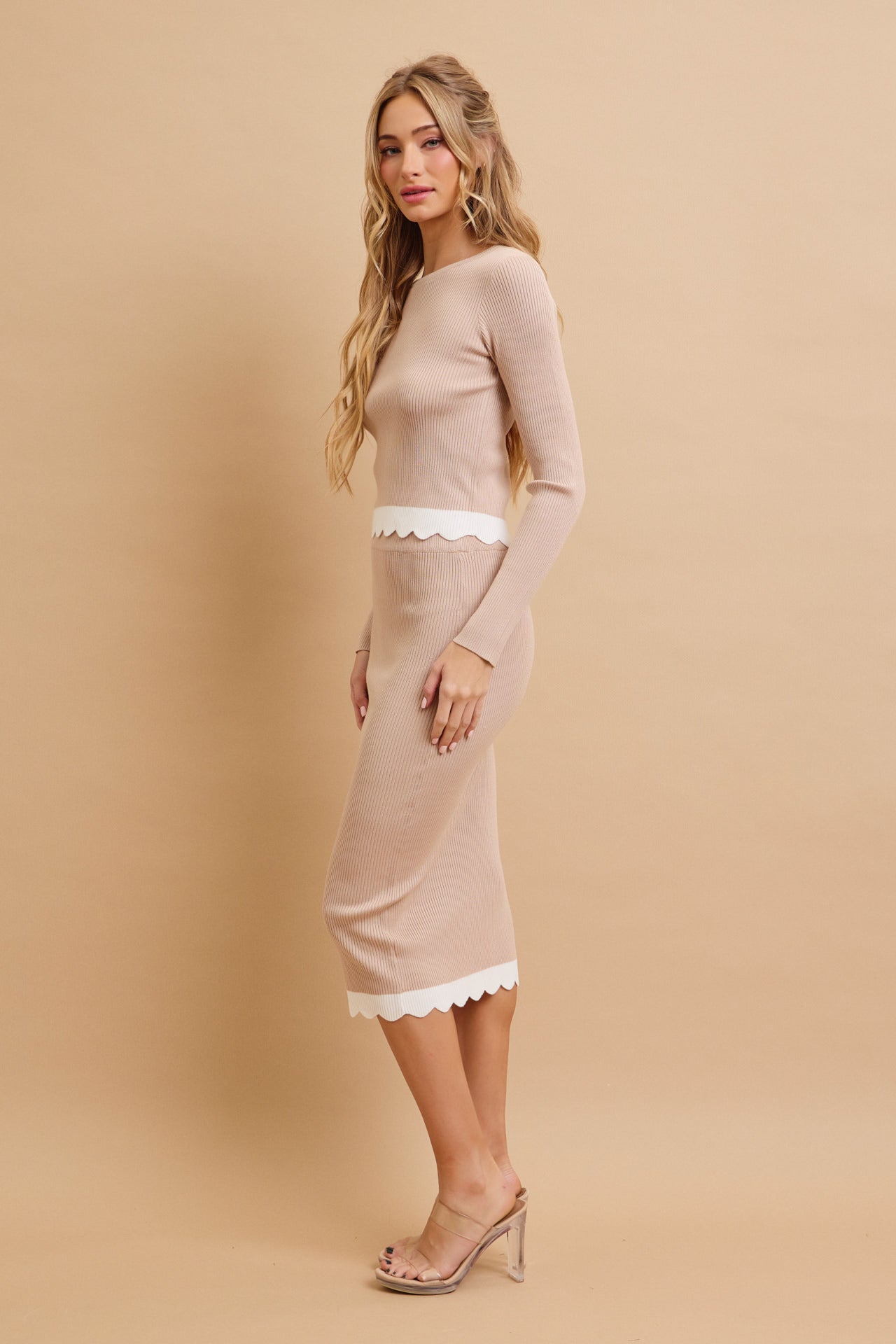 Kiora Knit Colorblock Scallop Hem Long Sleeve Top & Midi Skirt Set