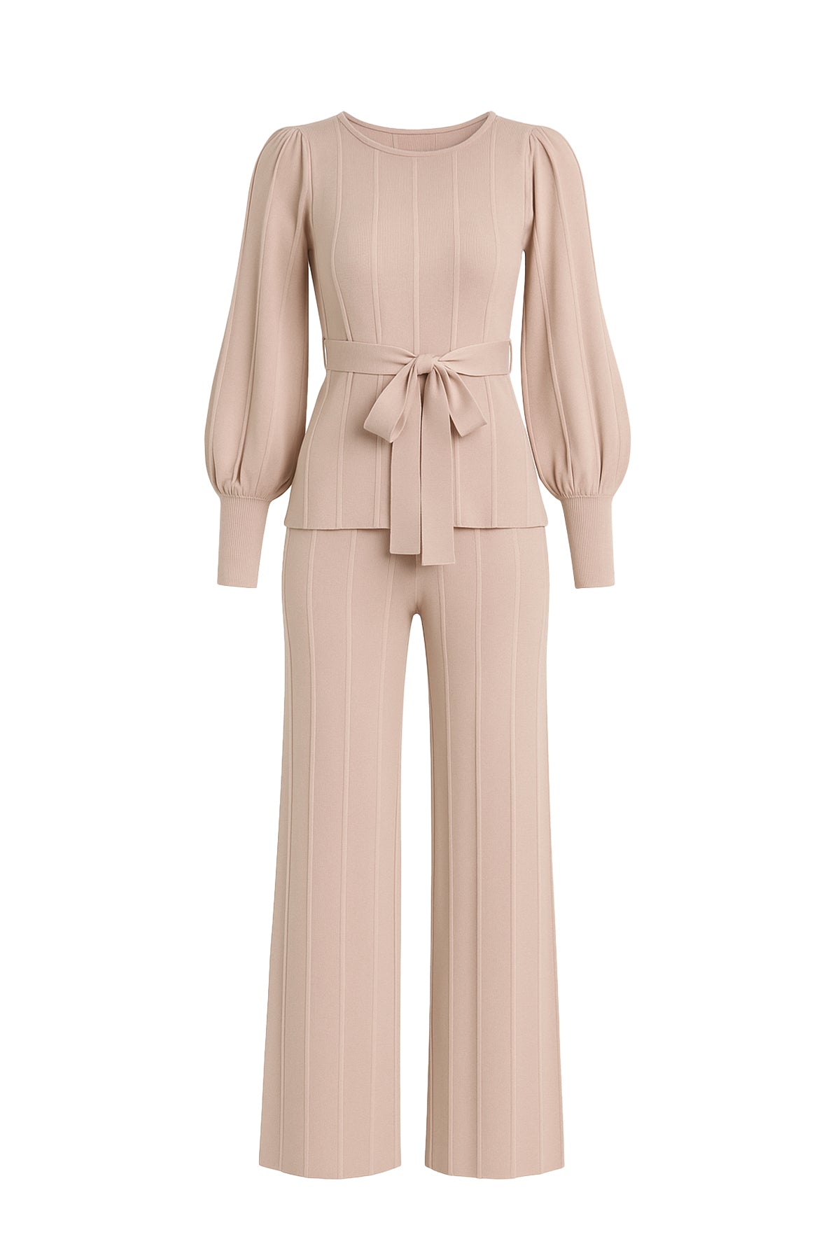 Knit Long Sleeve Top with Waist Tie and Pants Set