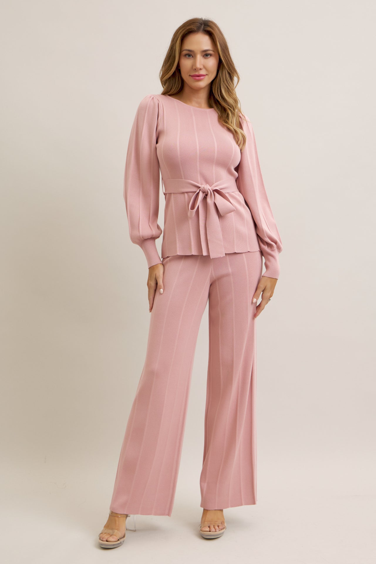 Knit Long Sleeve Top with Waist Tie and Pants Set