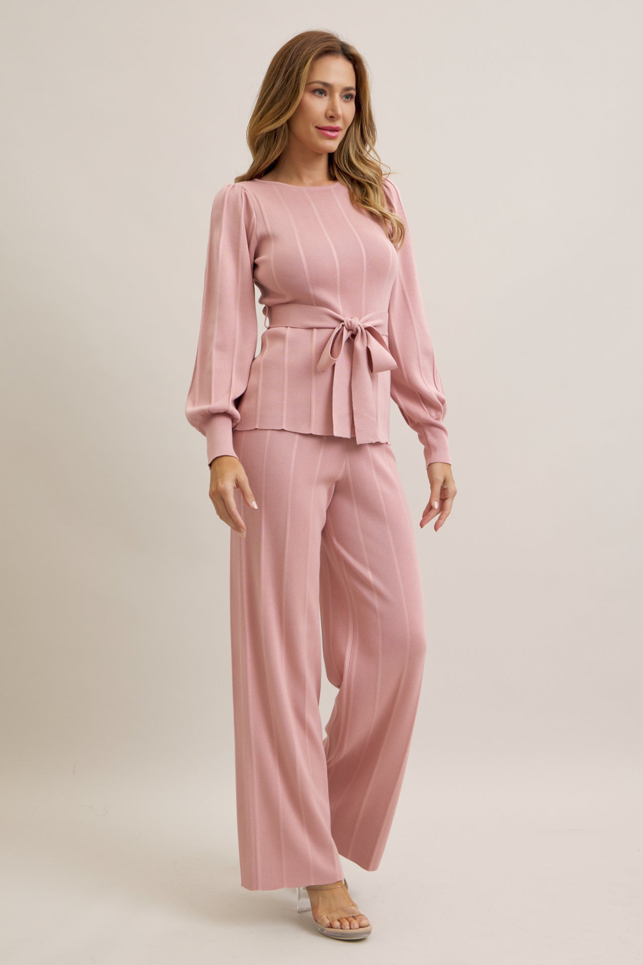 Knit Long Sleeve Top with Waist Tie and Pants Set