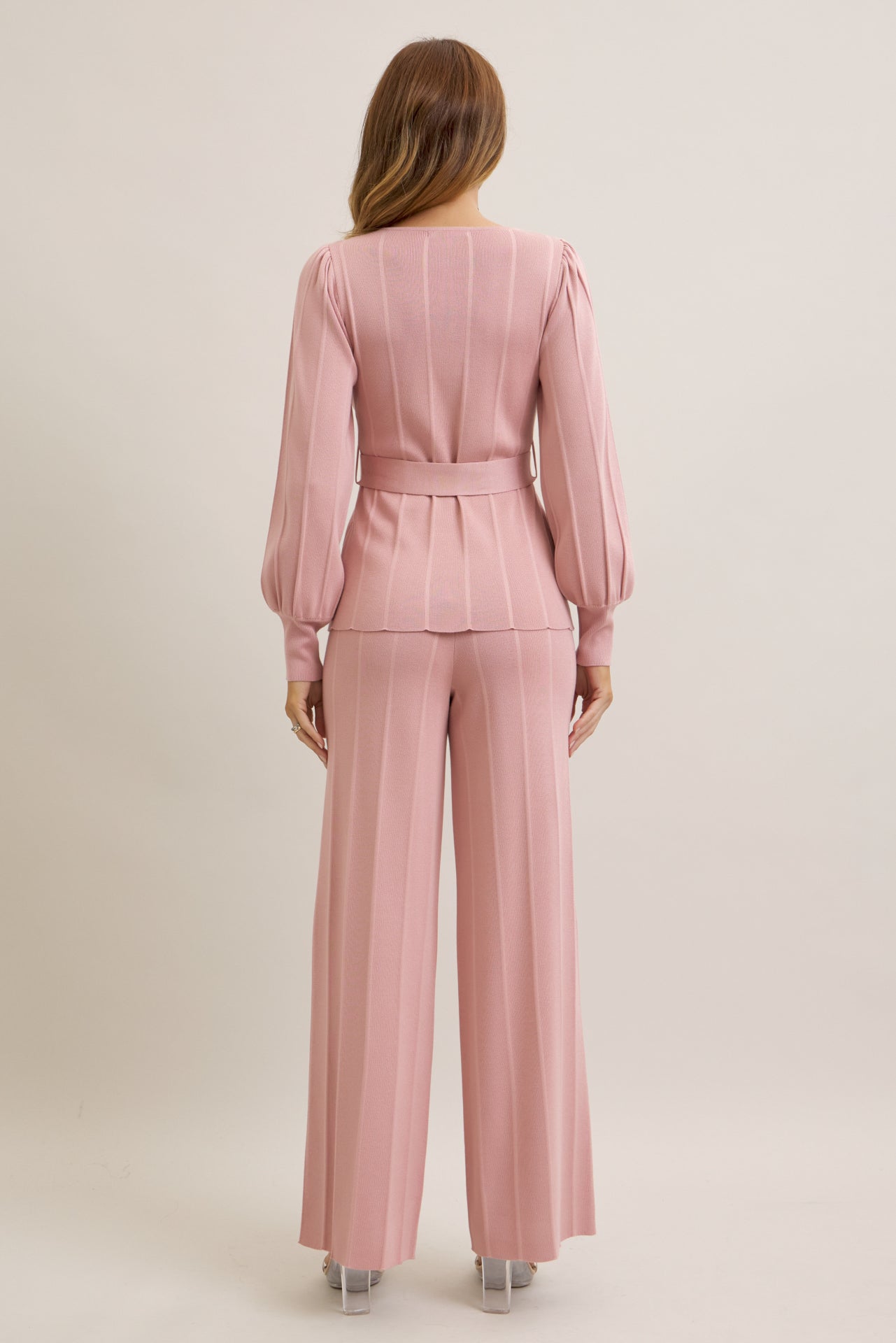 Knit Long Sleeve Top with Waist Tie and Pants Set