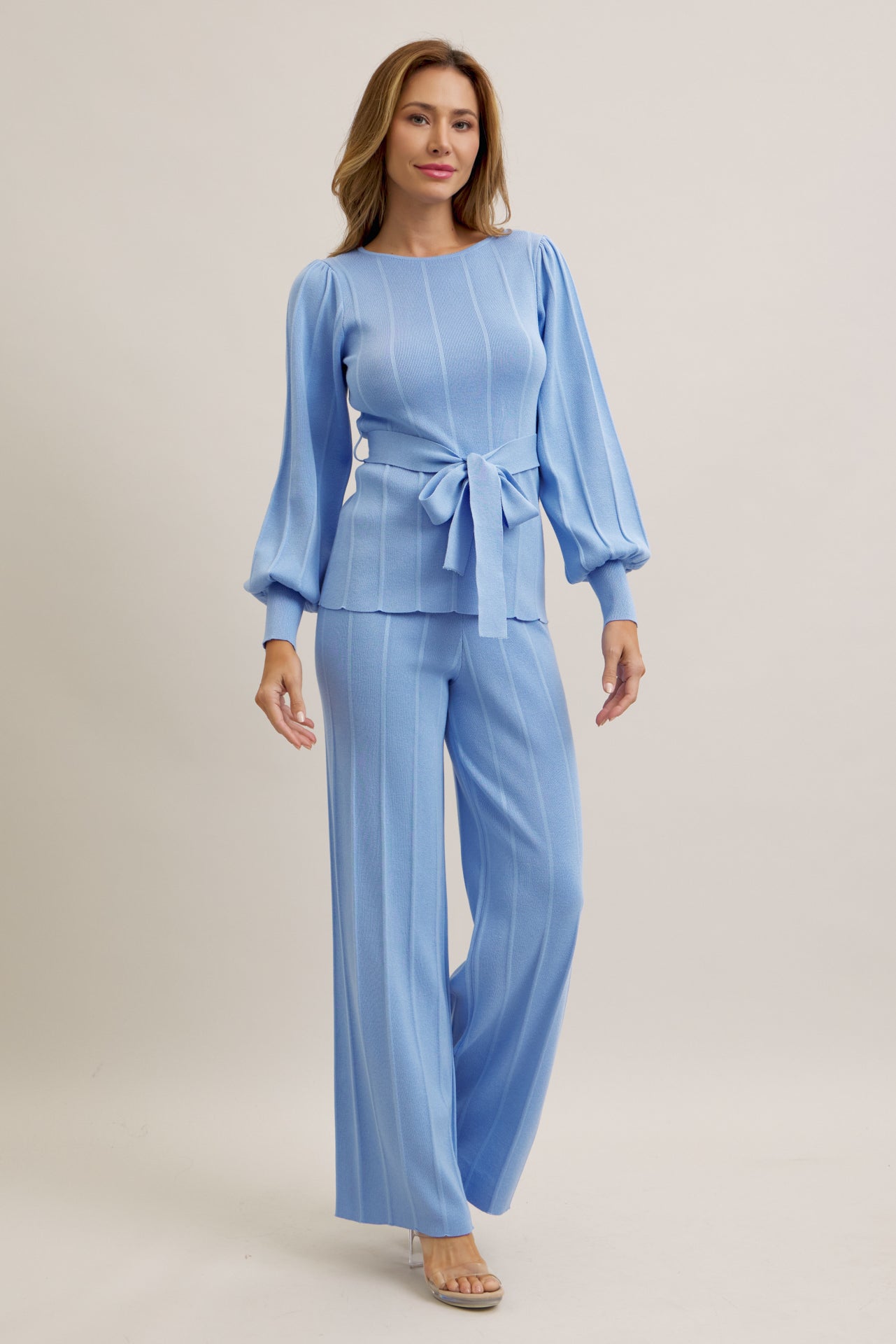 Knit Long Sleeve Top with Waist Tie and Pants Set