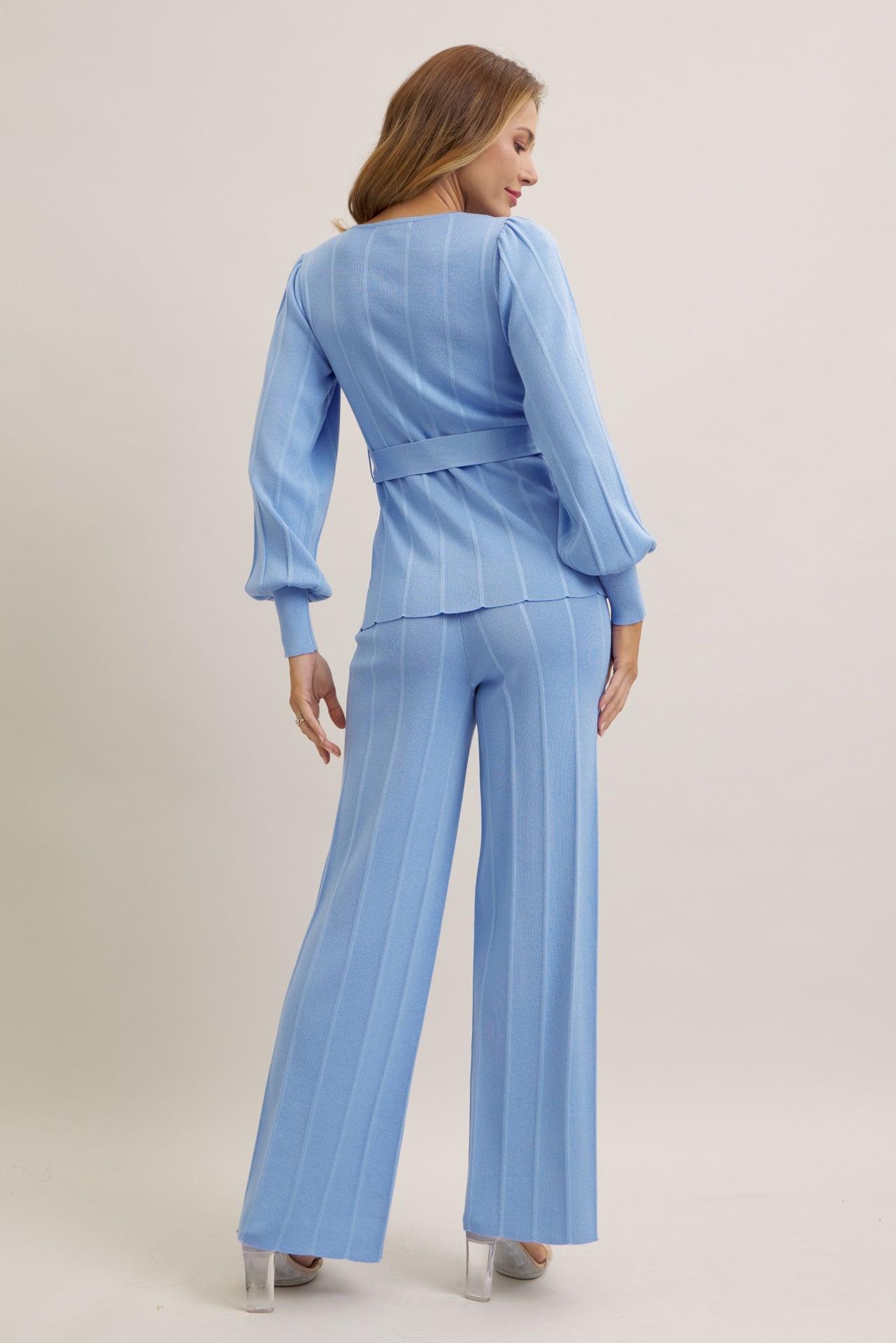 Knit Long Sleeve Top with Waist Tie and Pants Set