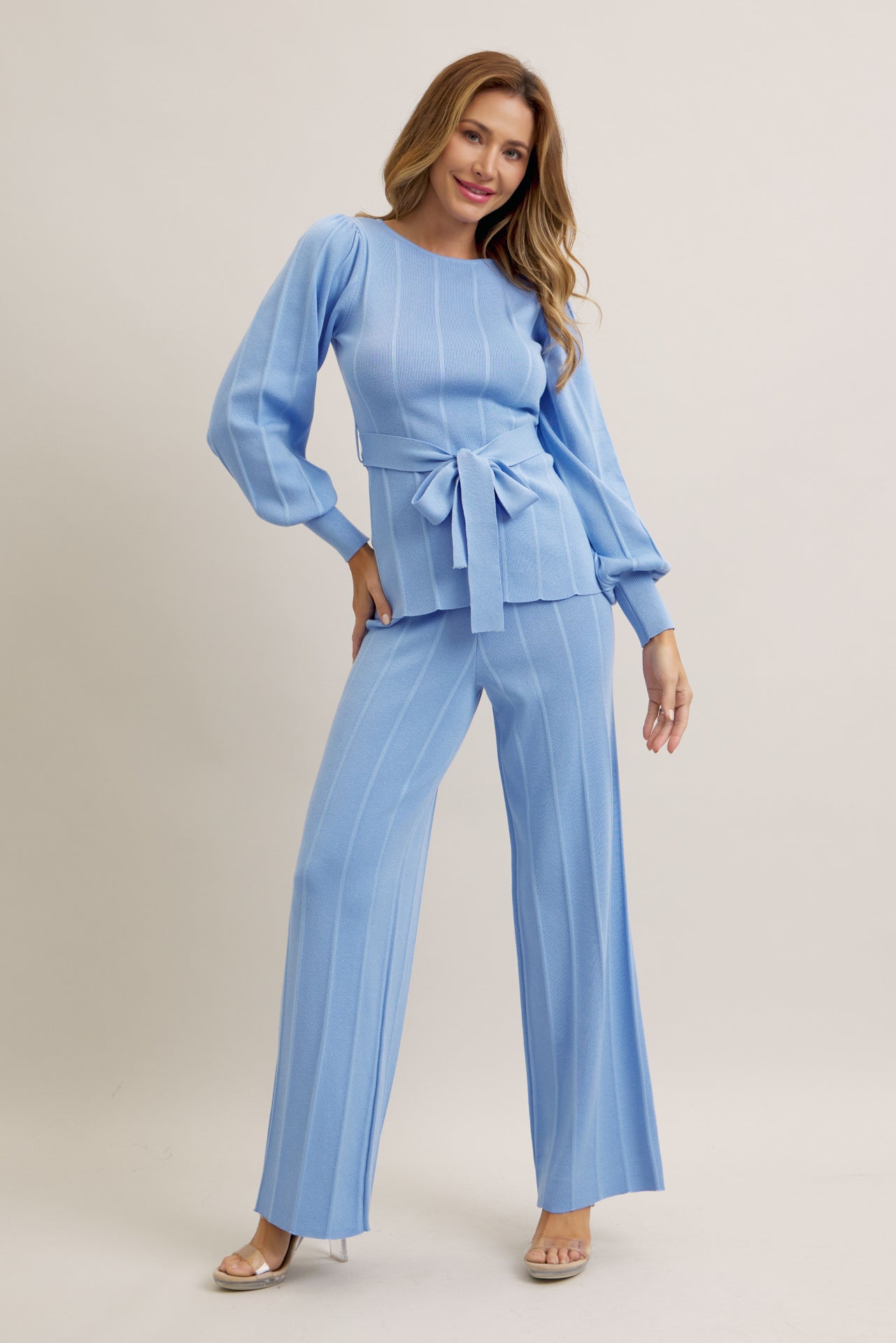 Knit Long Sleeve Top with Waist Tie and Pants Set