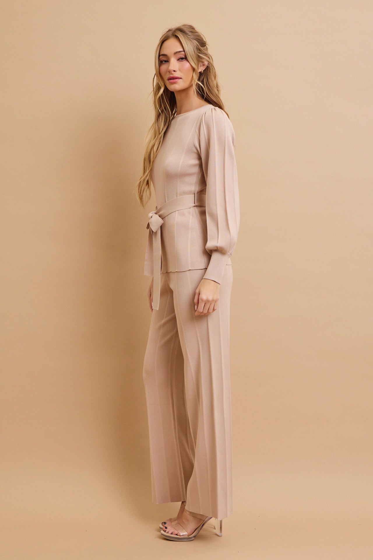 Knit Long Sleeve Top with Waist Tie and Pants Set