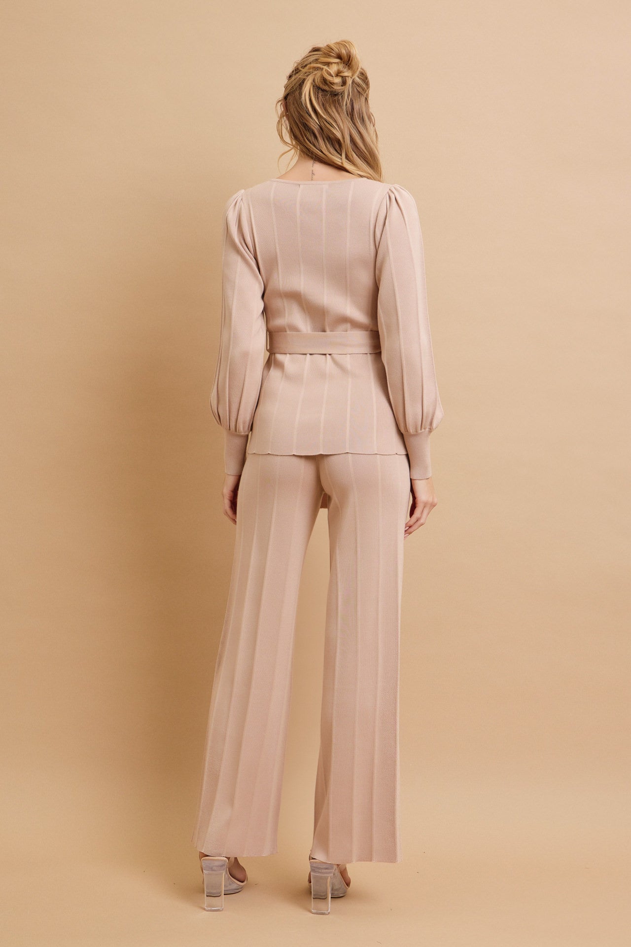 Knit Long Sleeve Top with Waist Tie and Pants Set