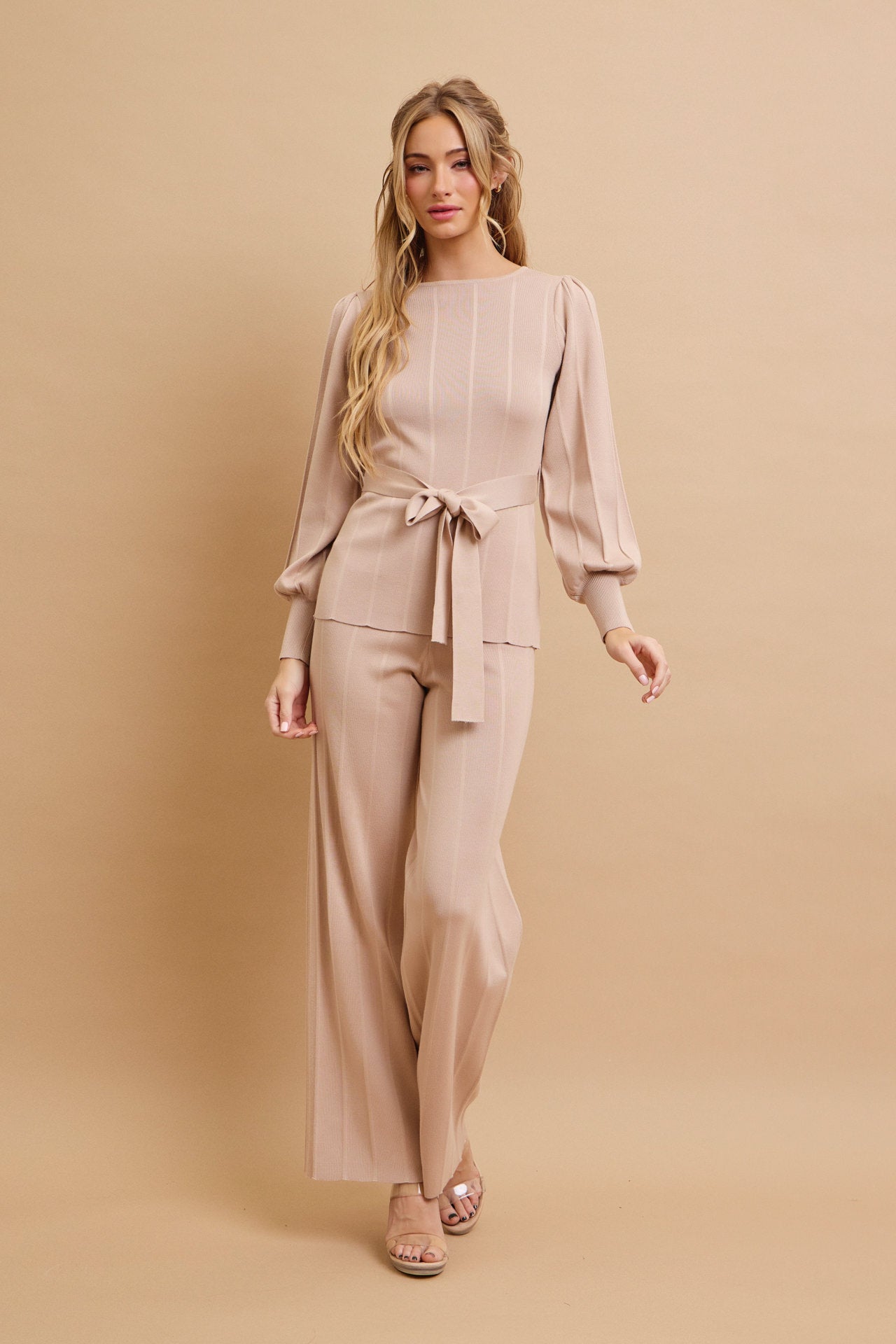 Knit Long Sleeve Top with Waist Tie and Pants Set