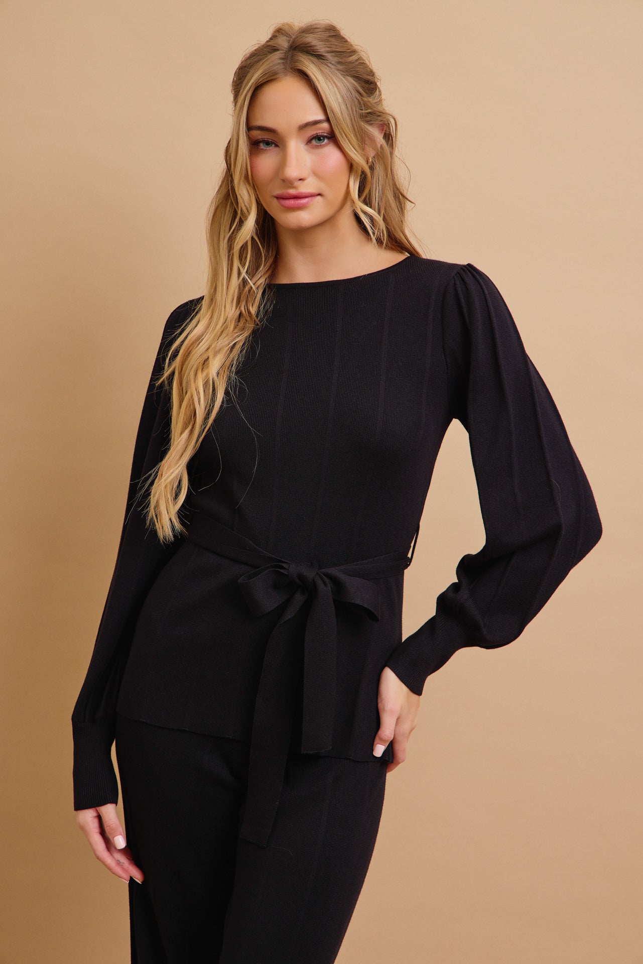 Knit Long Sleeve Top with Waist Tie and Pants Set