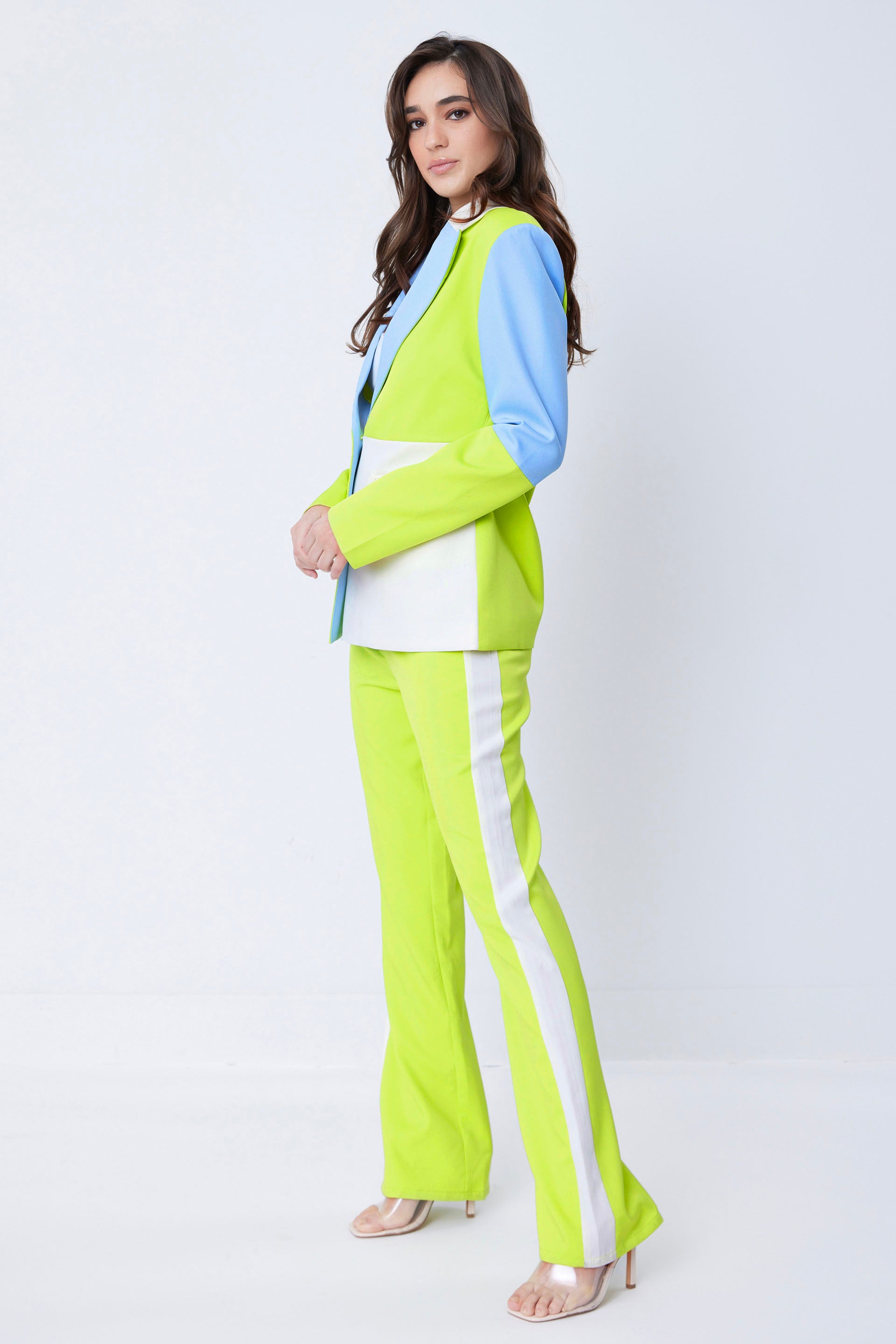 Color Block Lapel Blazer and Flare Leg Pants Set