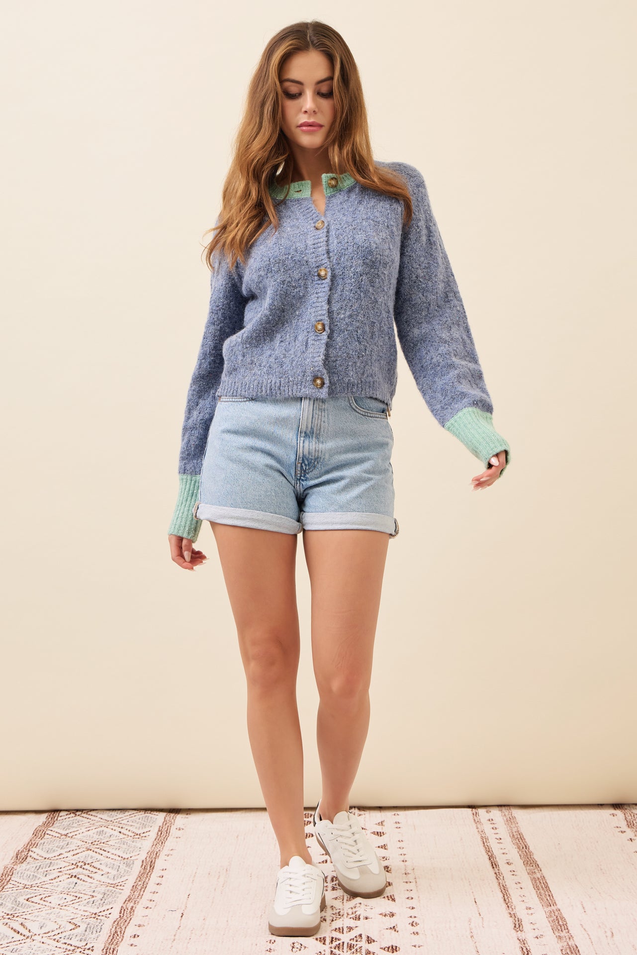 Allie Textured Knit Raglan Sleeve Cardigan with Contrast