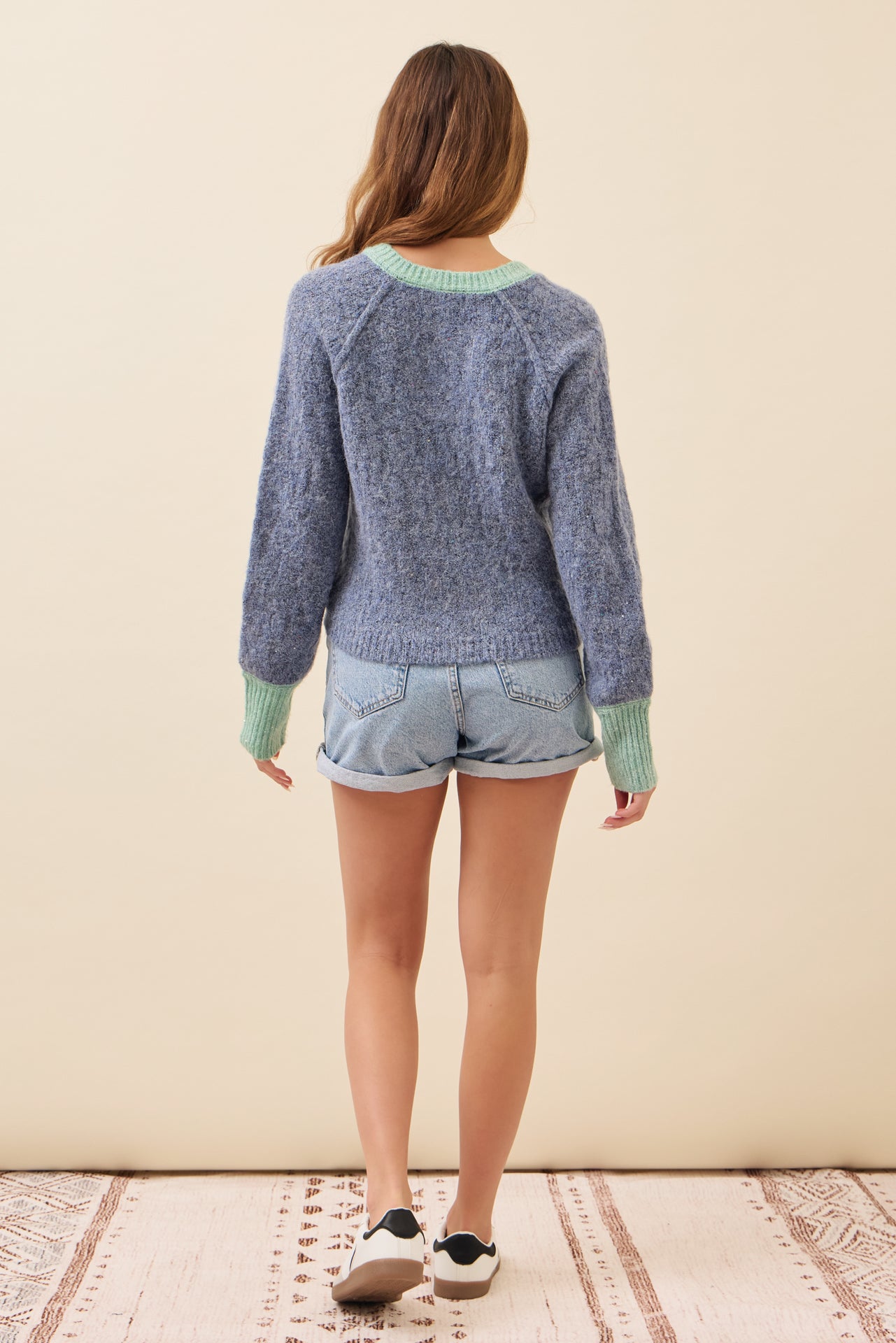 Allie Textured Knit Raglan Sleeve Cardigan with Contrast