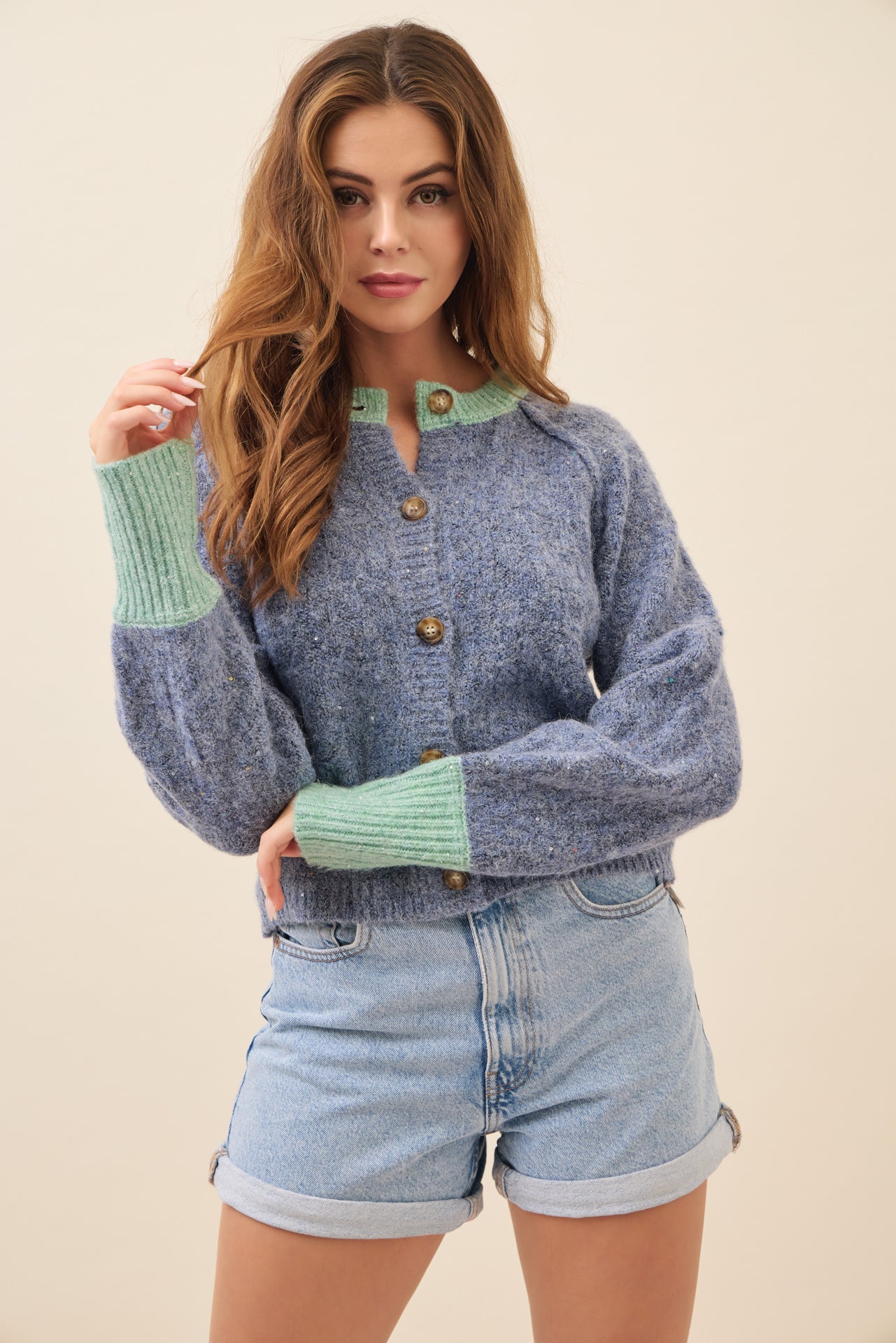 Allie Textured Knit Raglan Sleeve Cardigan with Contrast
