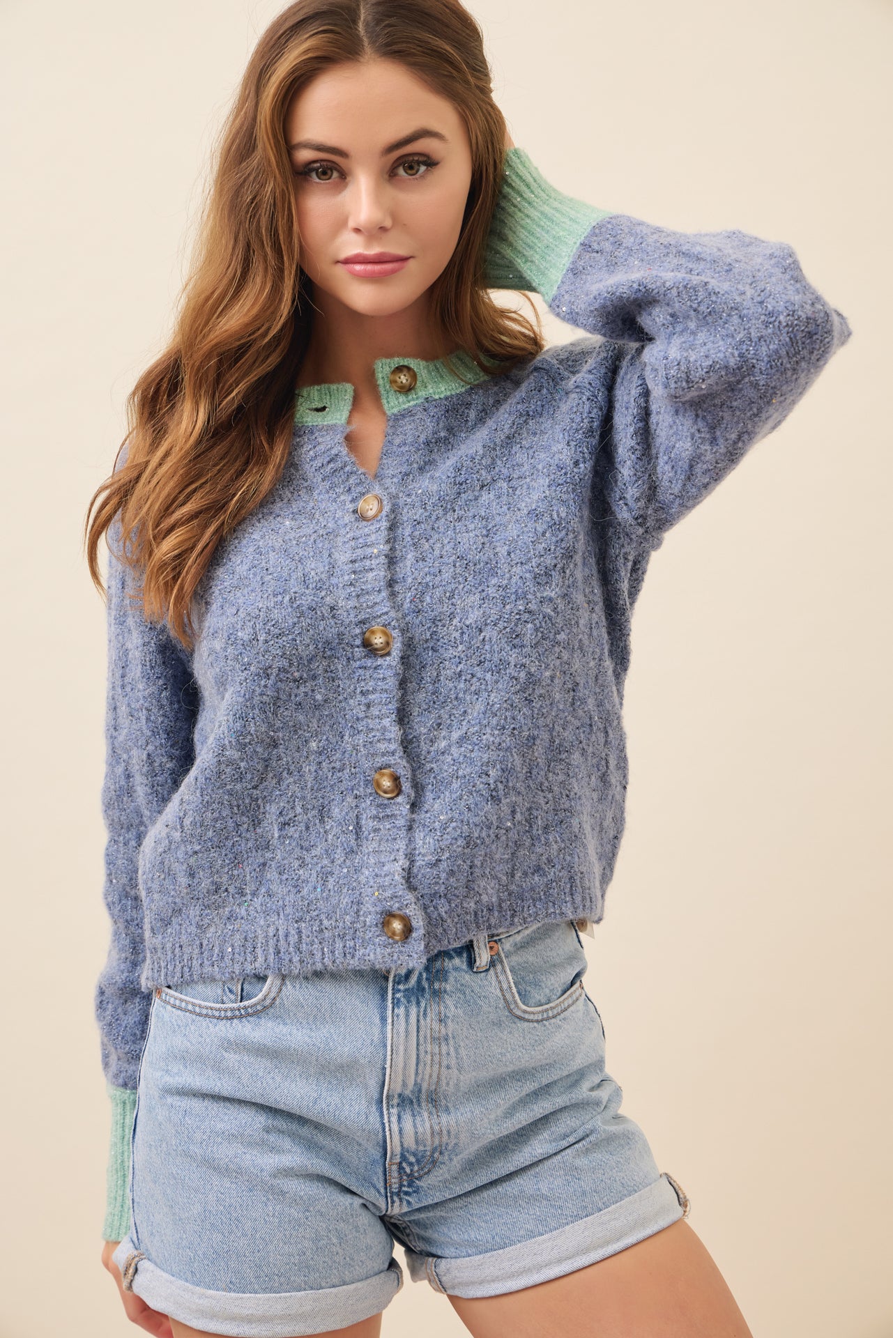 Allie Textured Knit Raglan Sleeve Cardigan with Contrast
