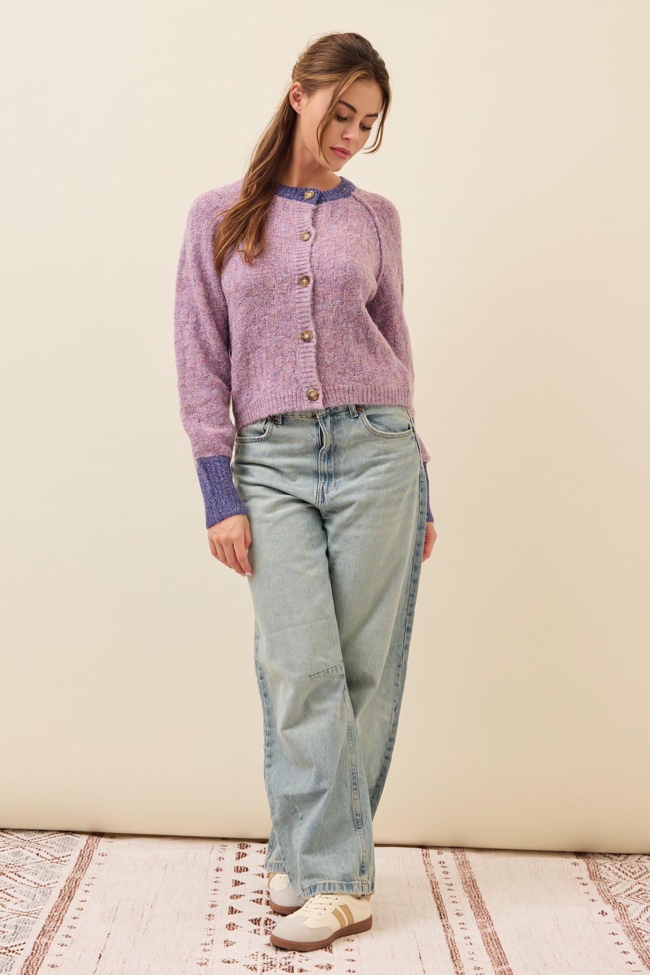 Allie Textured Knit Raglan Sleeve Cardigan with Contrast