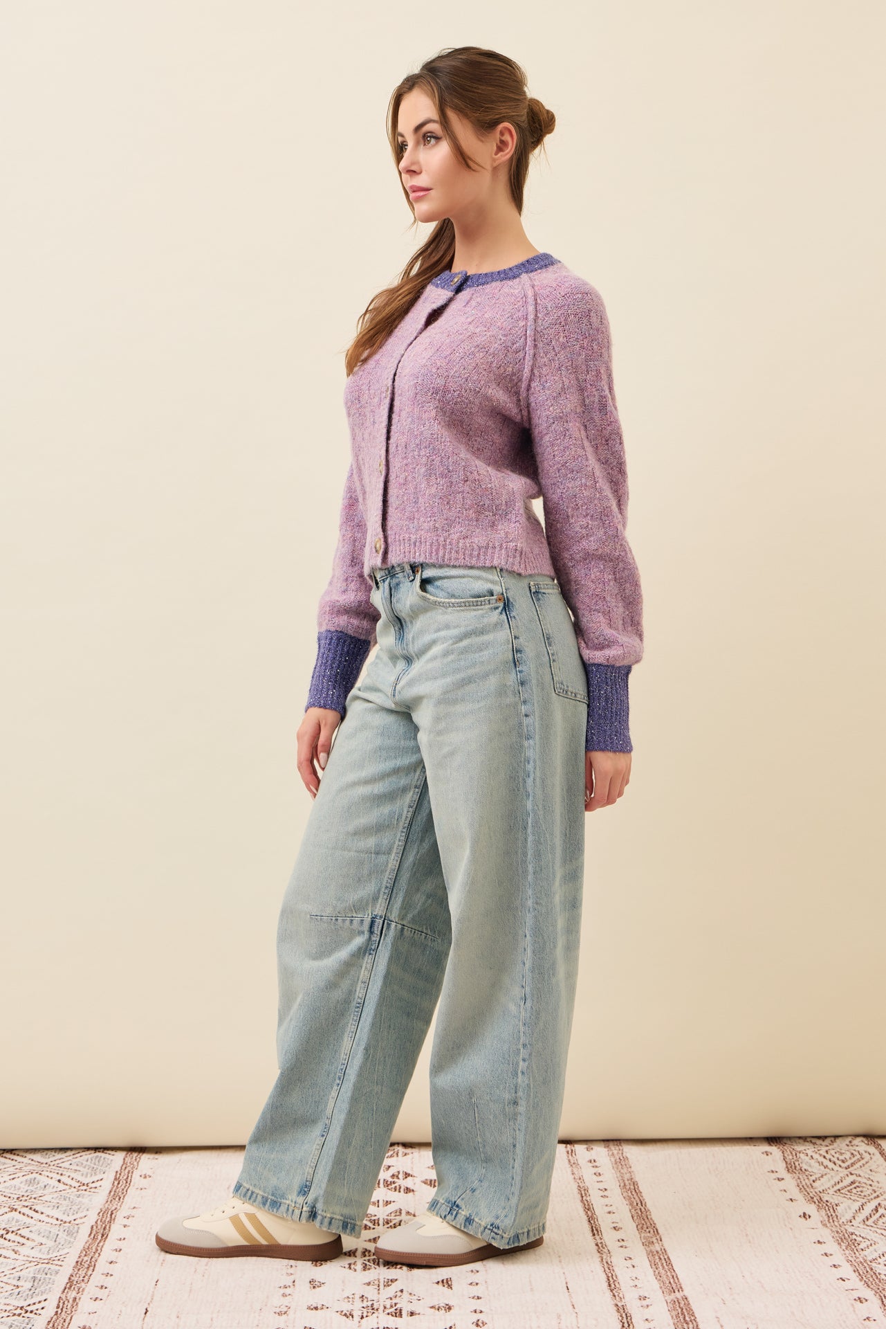 Allie Textured Knit Raglan Sleeve Cardigan with Contrast