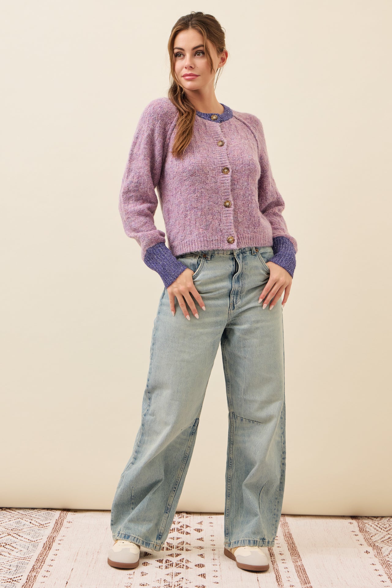 Allie Textured Knit Raglan Sleeve Cardigan with Contrast