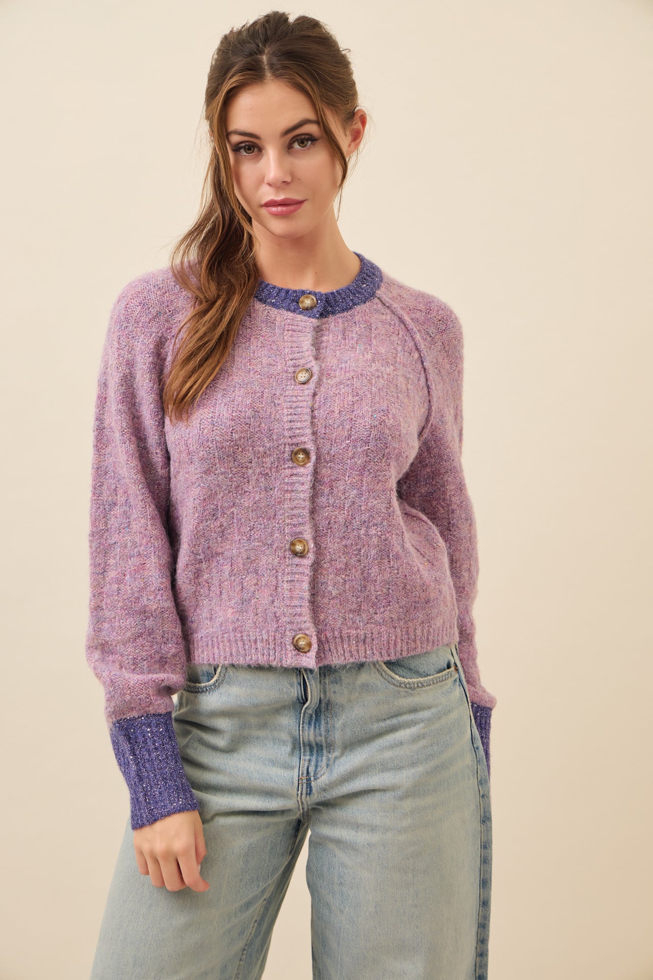 Allie Textured Knit Raglan Sleeve Cardigan with Contrast