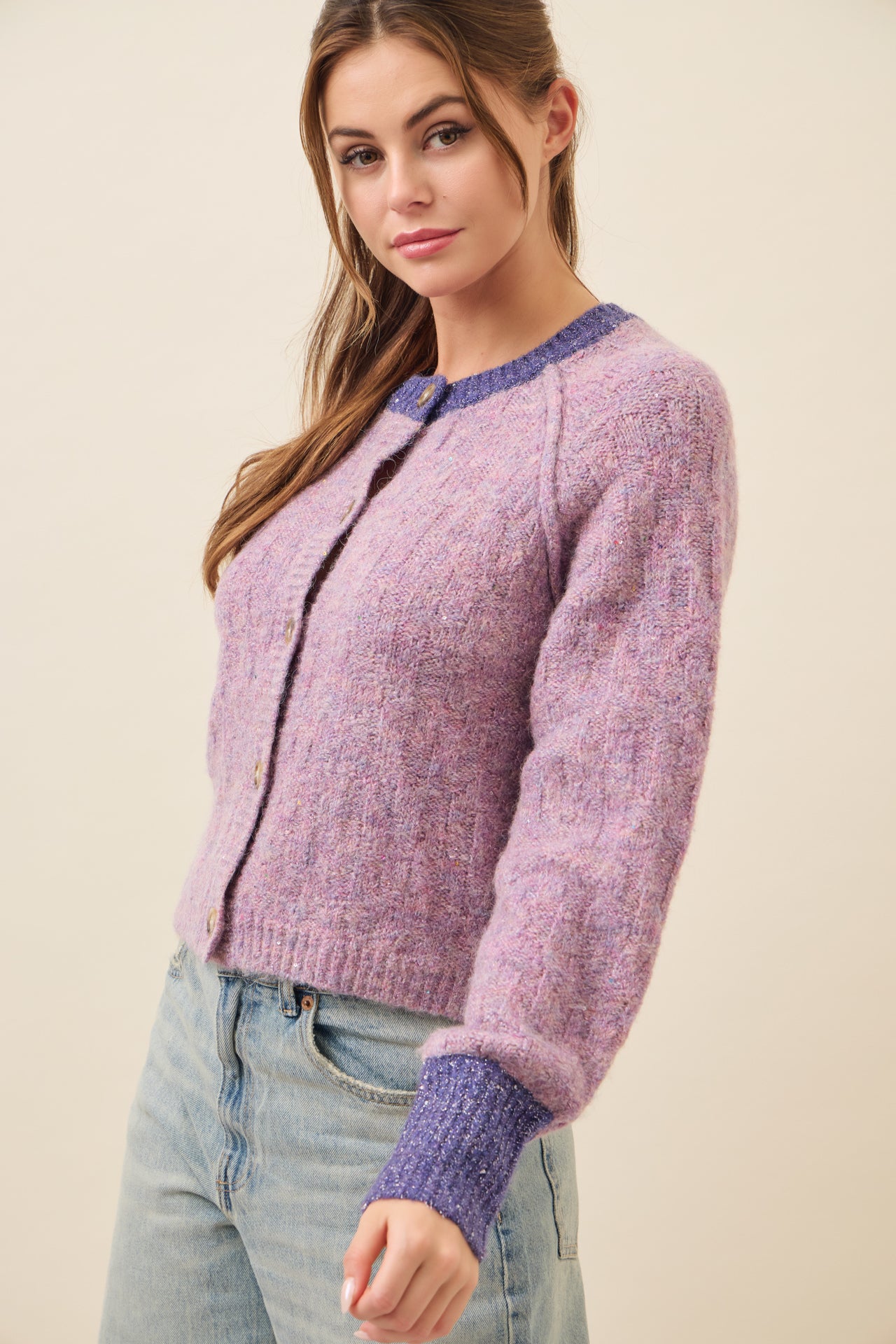 Allie Textured Knit Raglan Sleeve Cardigan with Contrast
