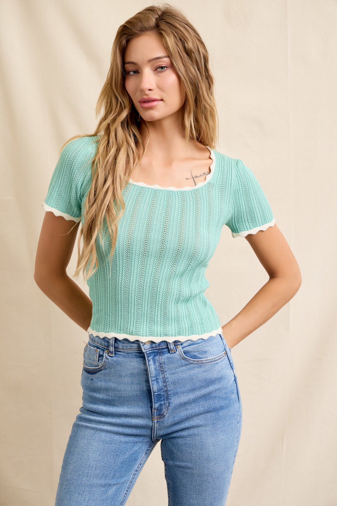 Pointelle Charm Short Sleeve Top
