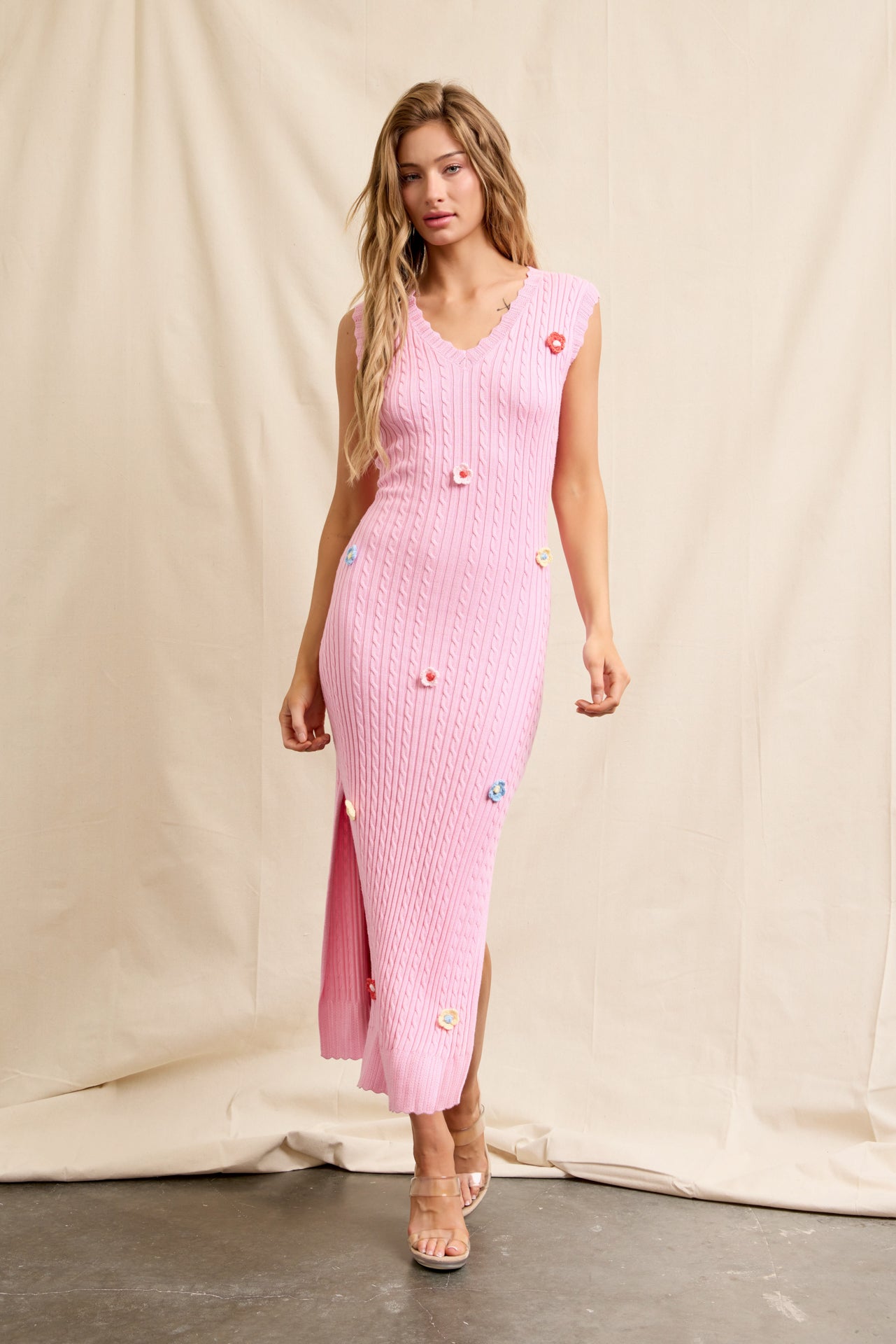 Crochet Garden Knit Sleeveless V-neck Midi Dress