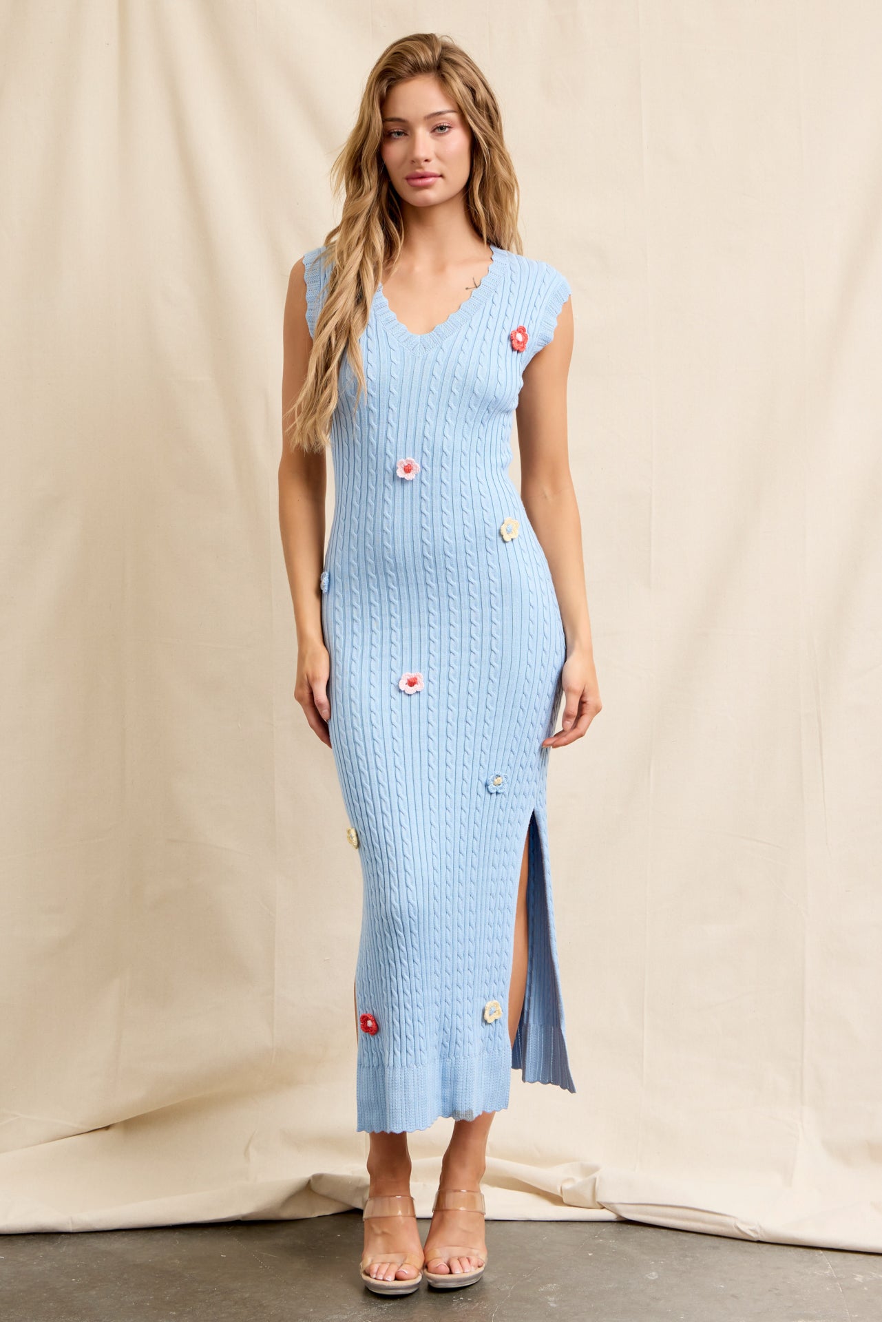 Crochet Garden Knit Sleeveless V-neck Midi Dress