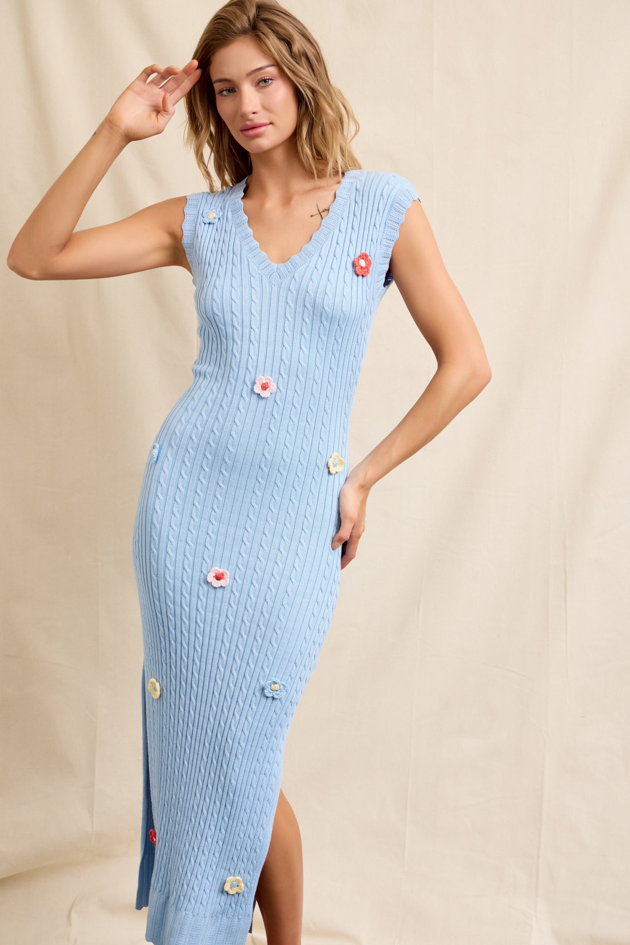 Crochet Garden Knit Sleeveless V-neck Midi Dress