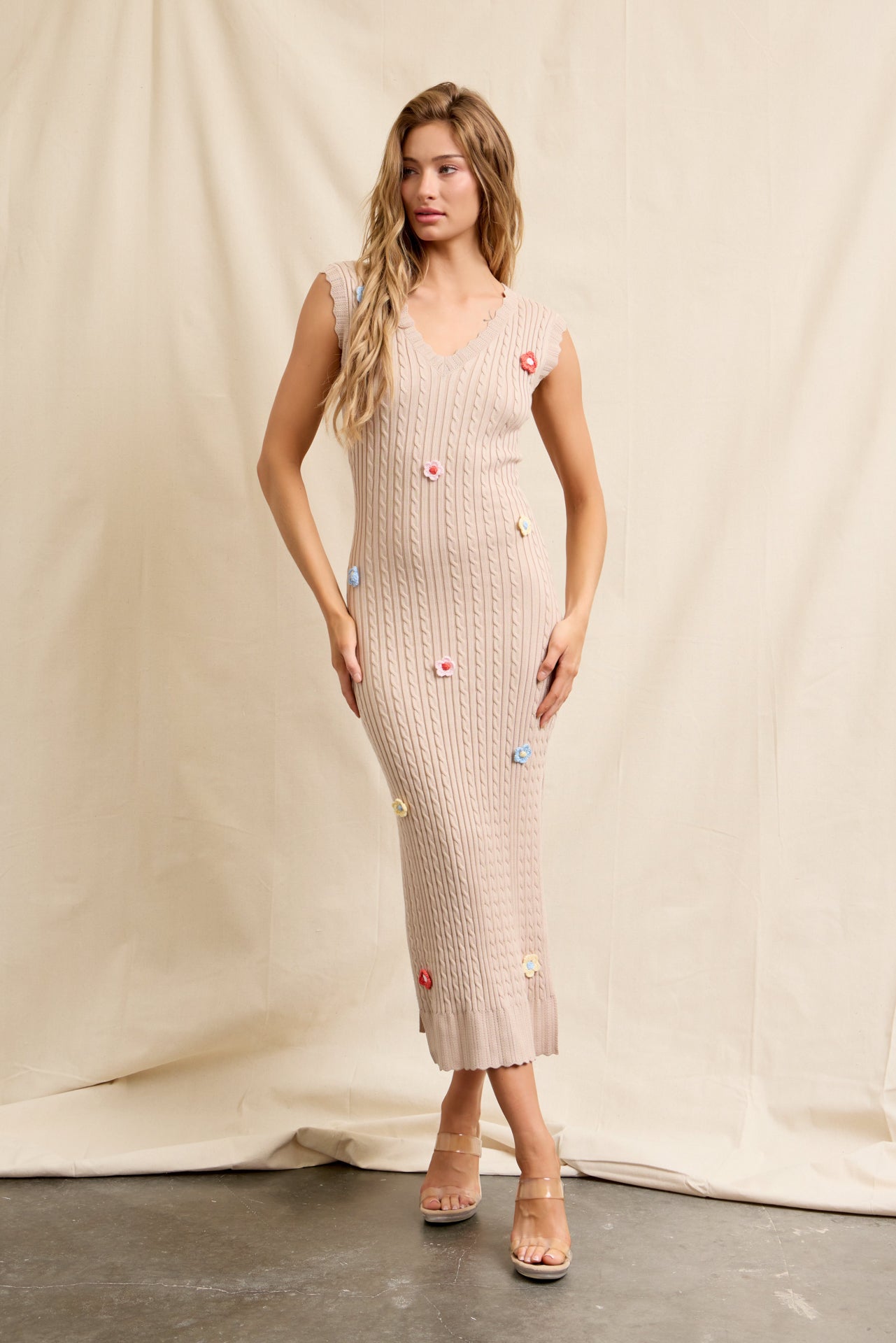 Crochet Garden Knit Sleeveless V-neck Midi Dress