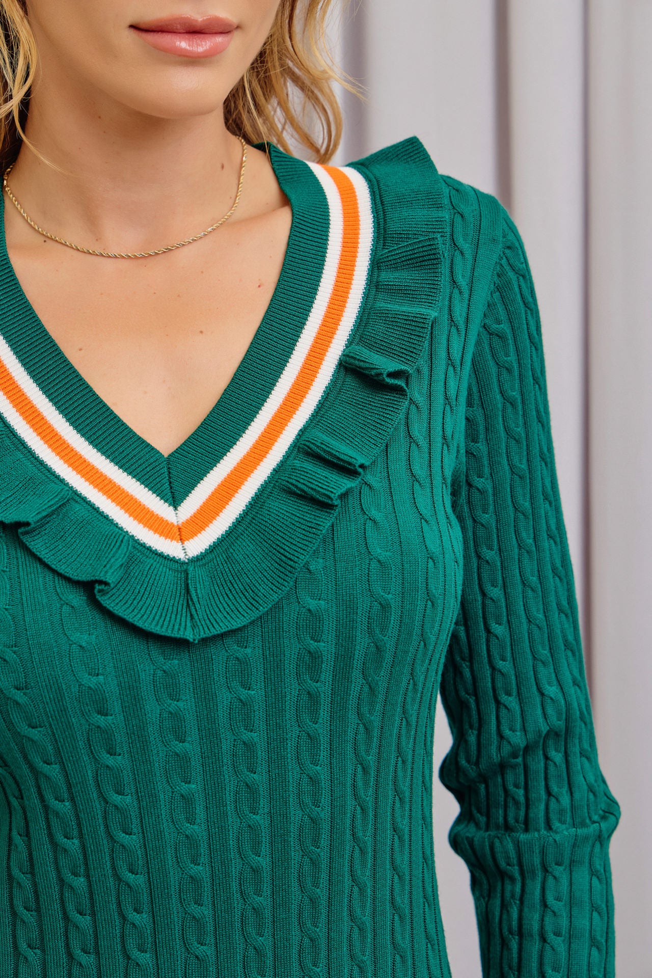 Lillian Cable Knit Long Sleeve V-Neck Mini Dress