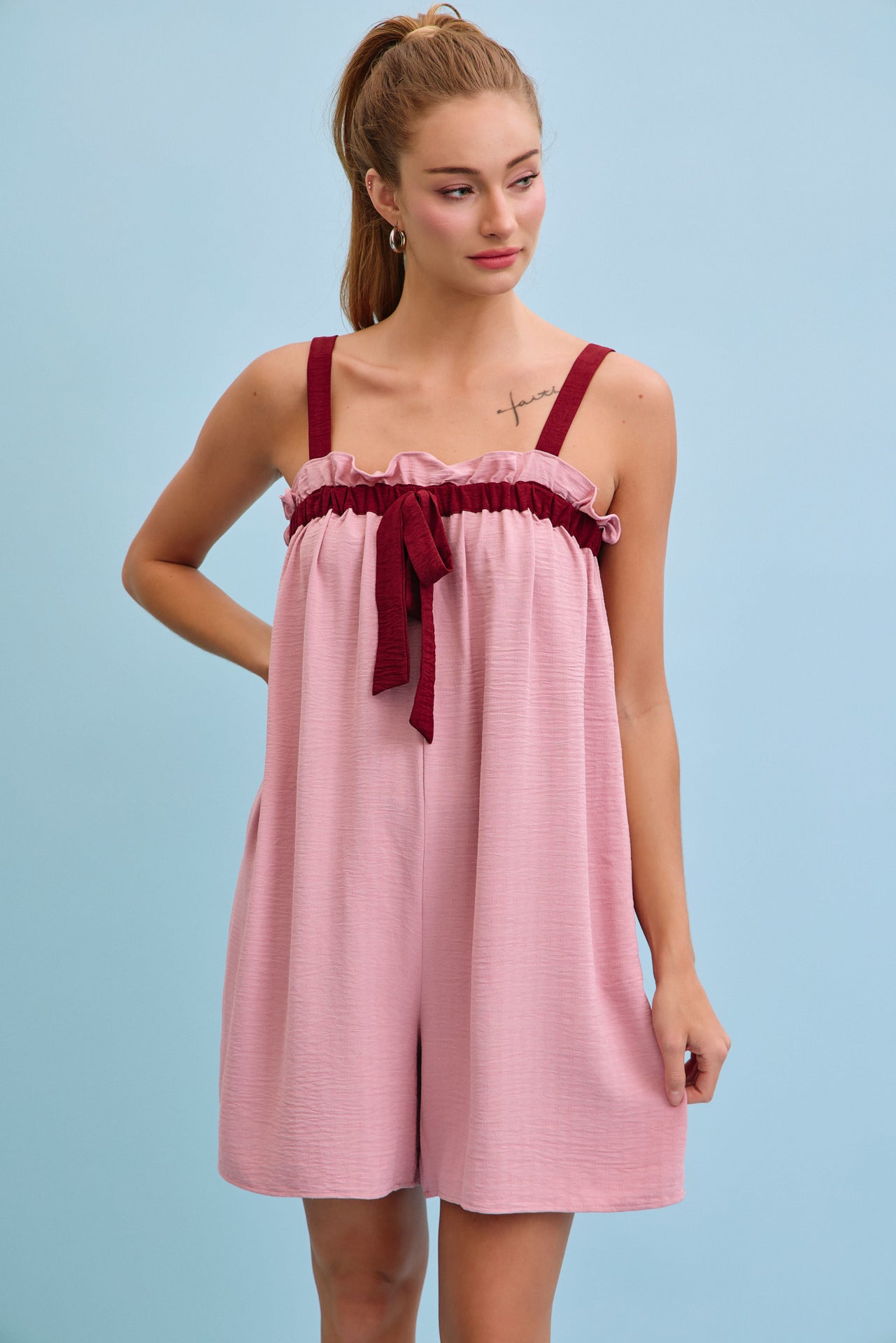 Lyra Woven Front Bow Tie Romper