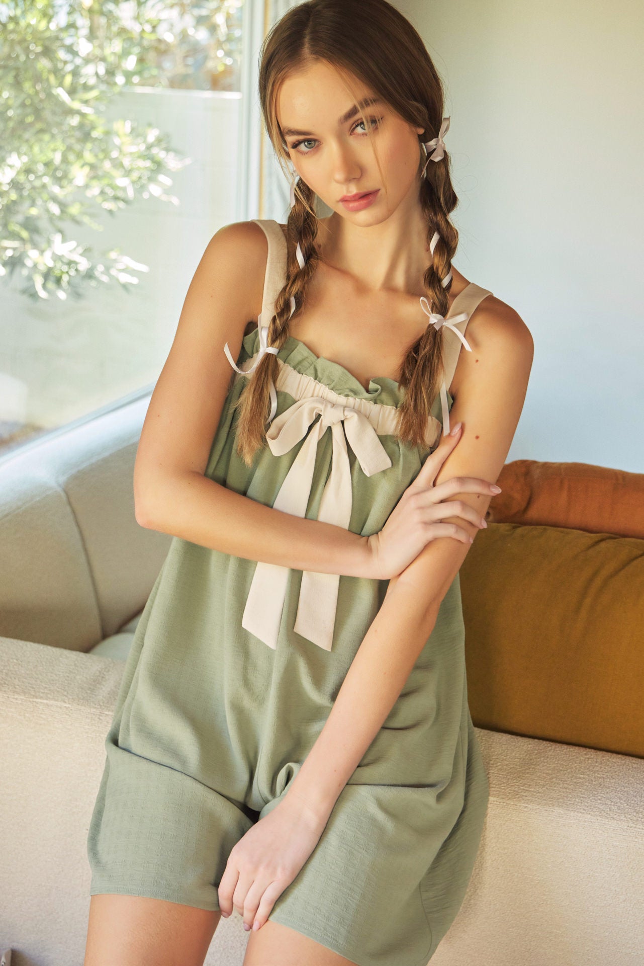 Lyra Woven Front Bow Tie Romper