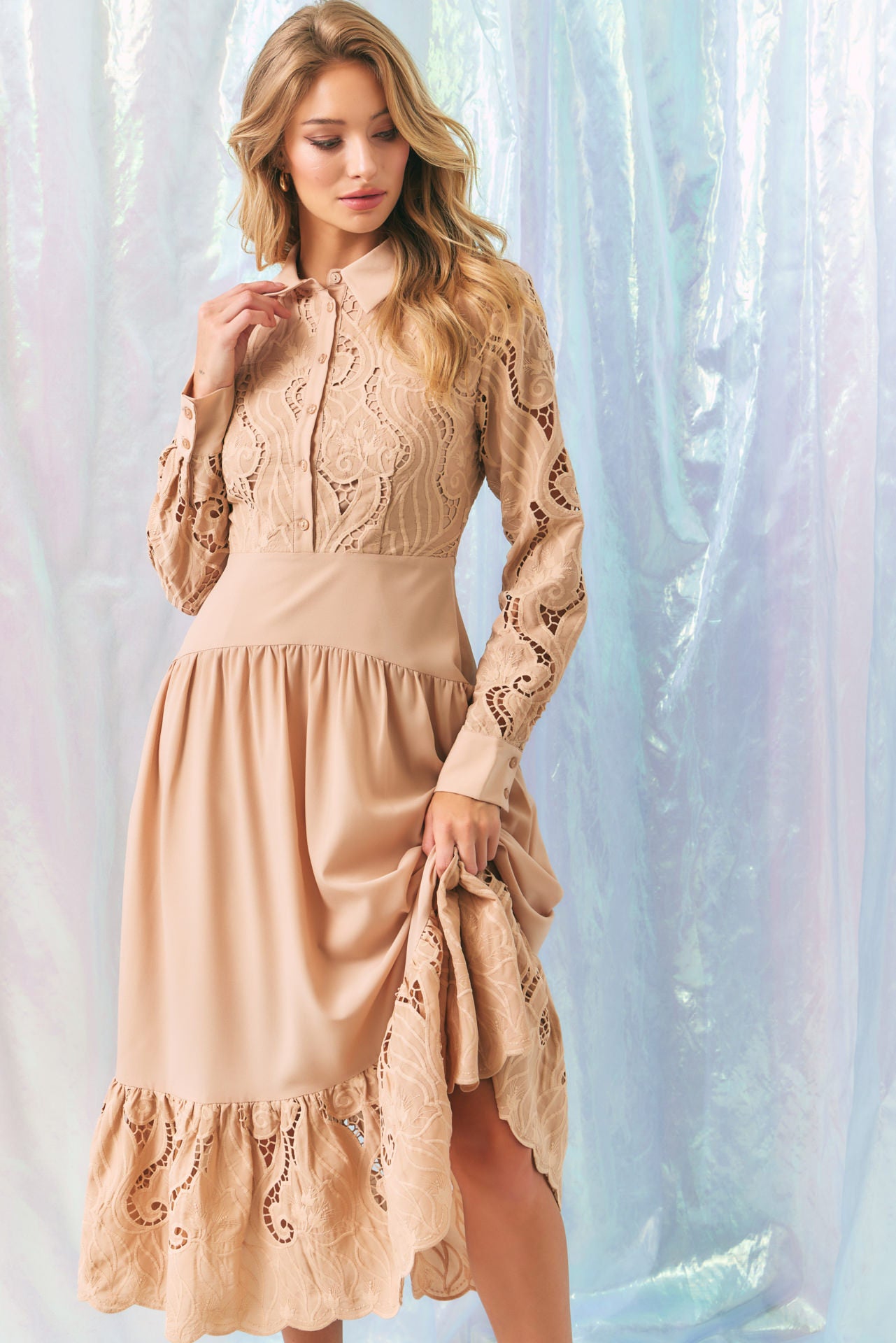 Woven Lace Tiered Shirt Dress