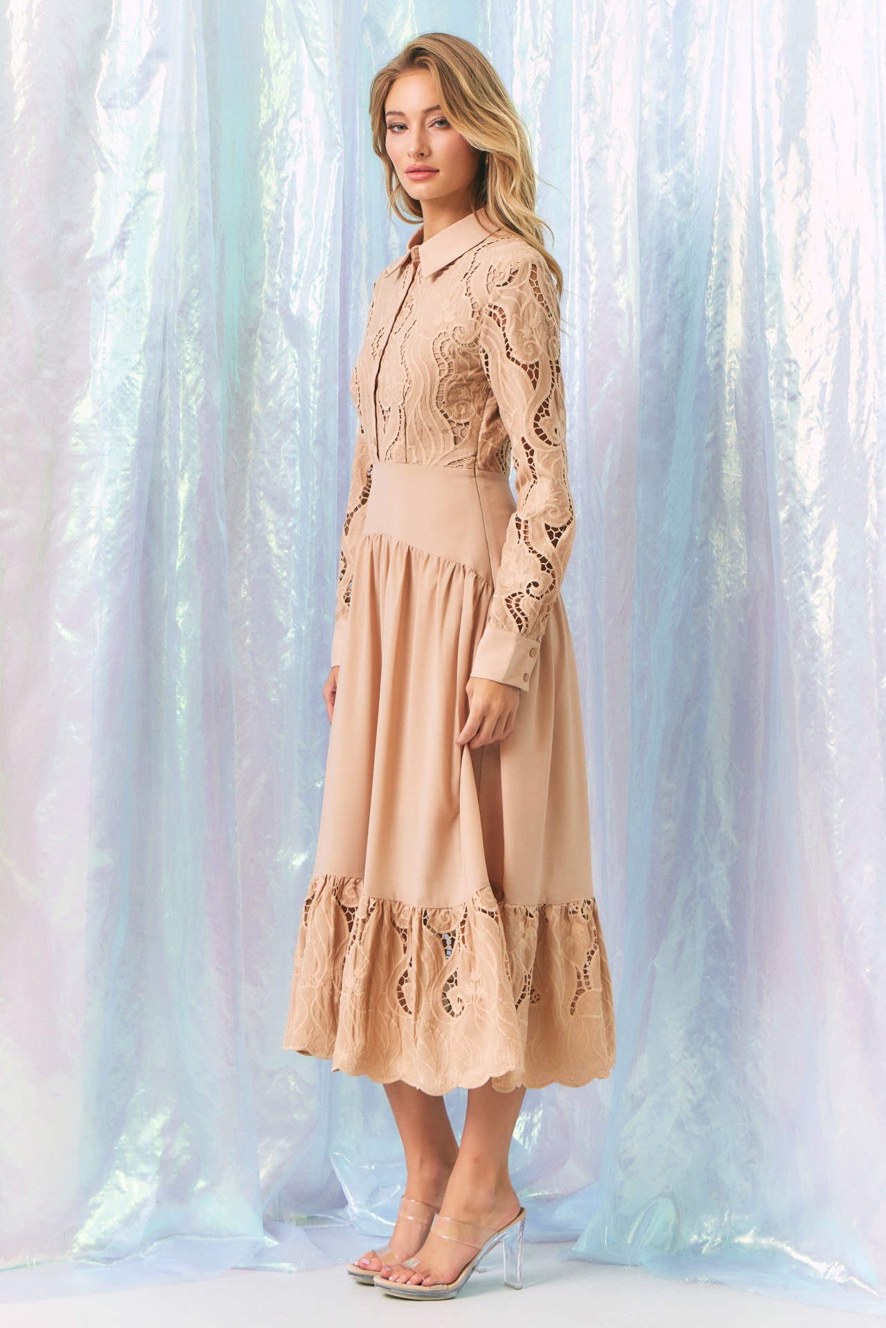 Woven Lace Tiered Shirt Dress