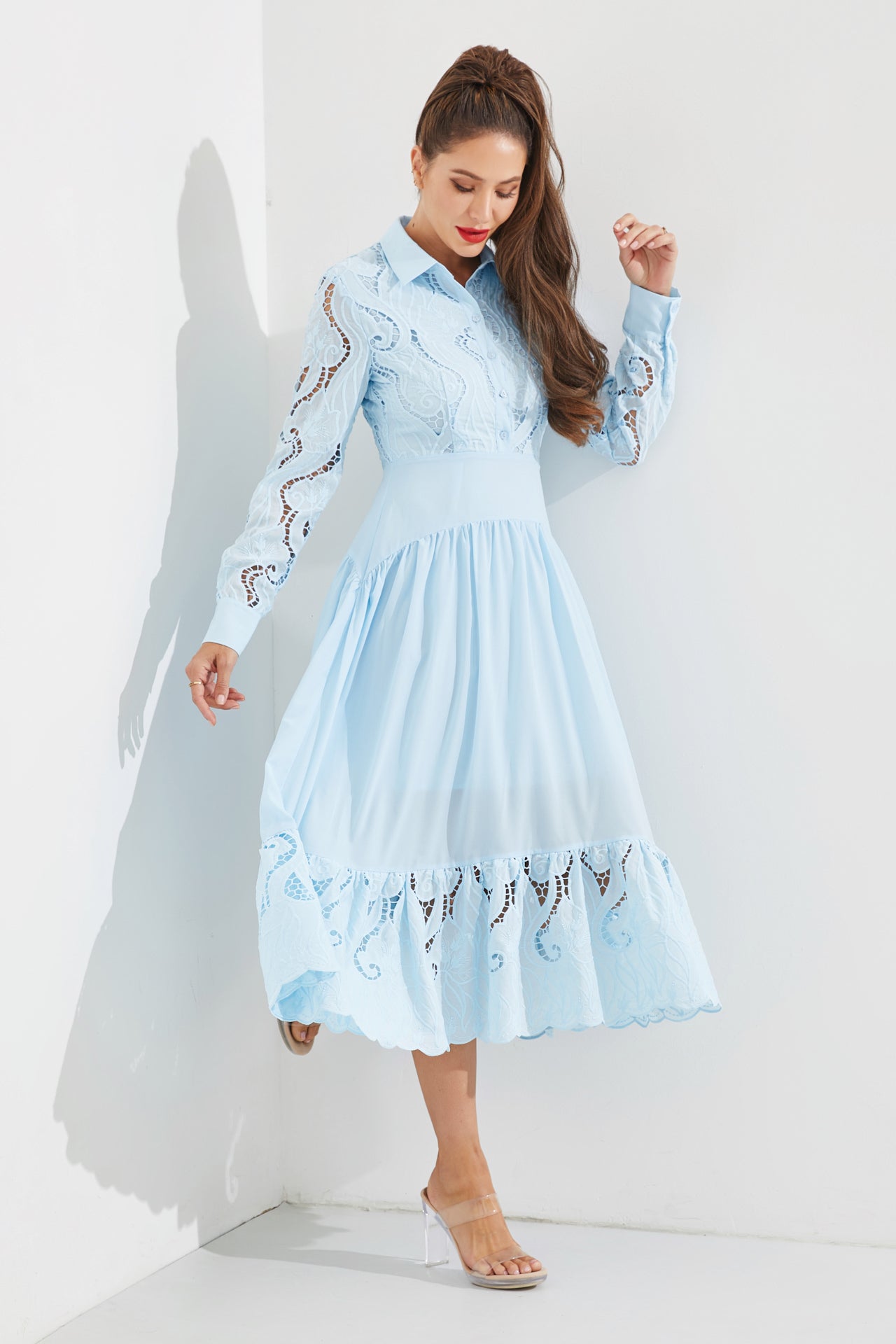 Woven Lace Tiered Shirt Dress