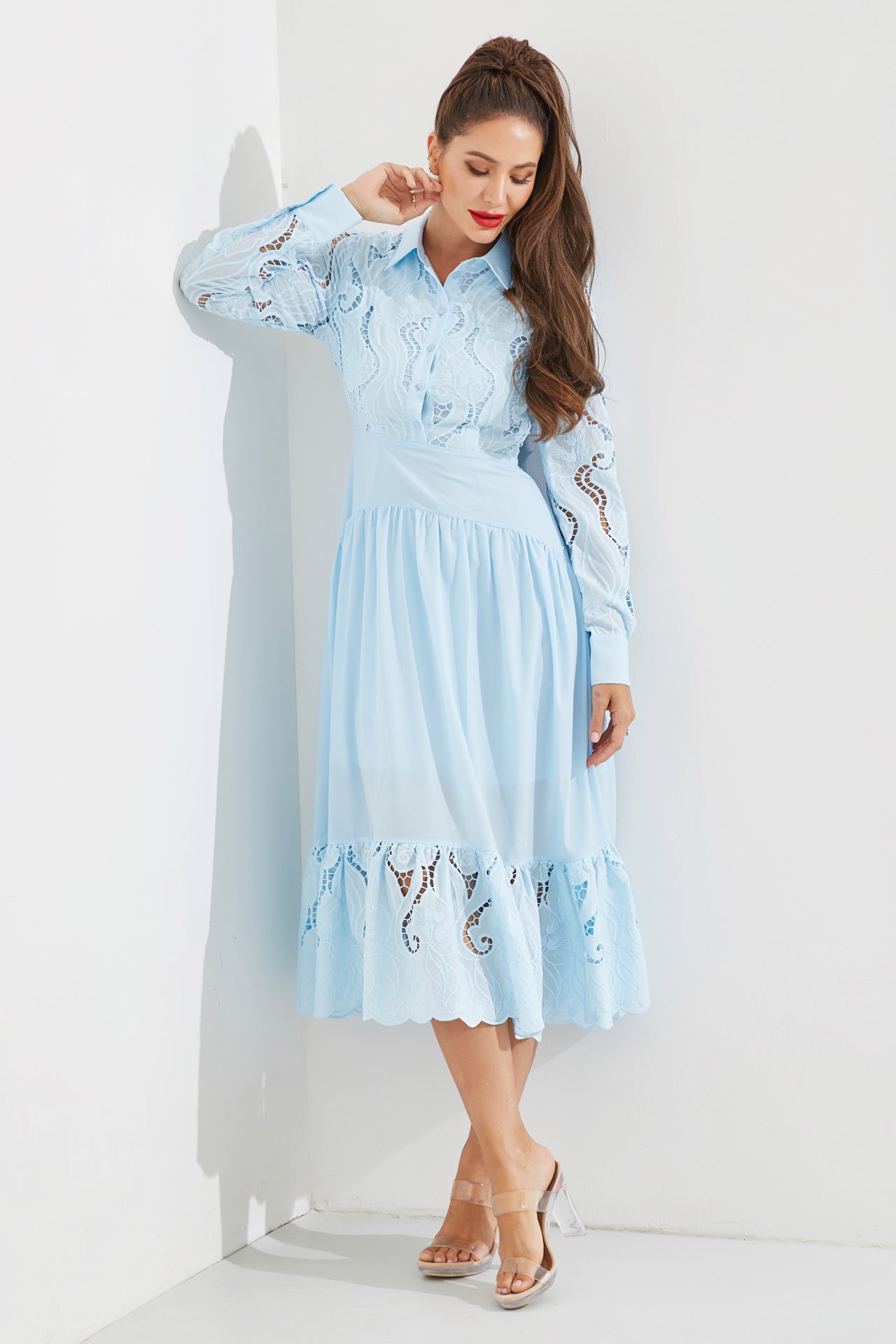 Woven Lace Tiered Shirt Dress