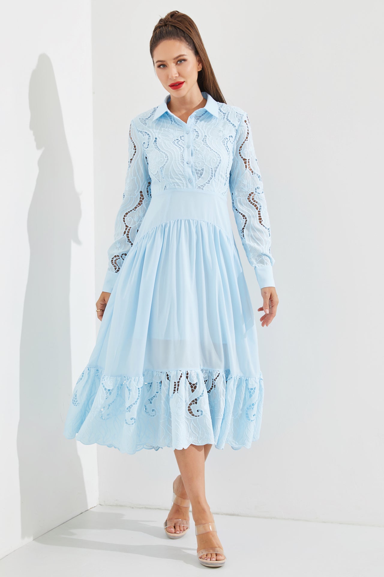 Woven Lace Tiered Shirt Dress
