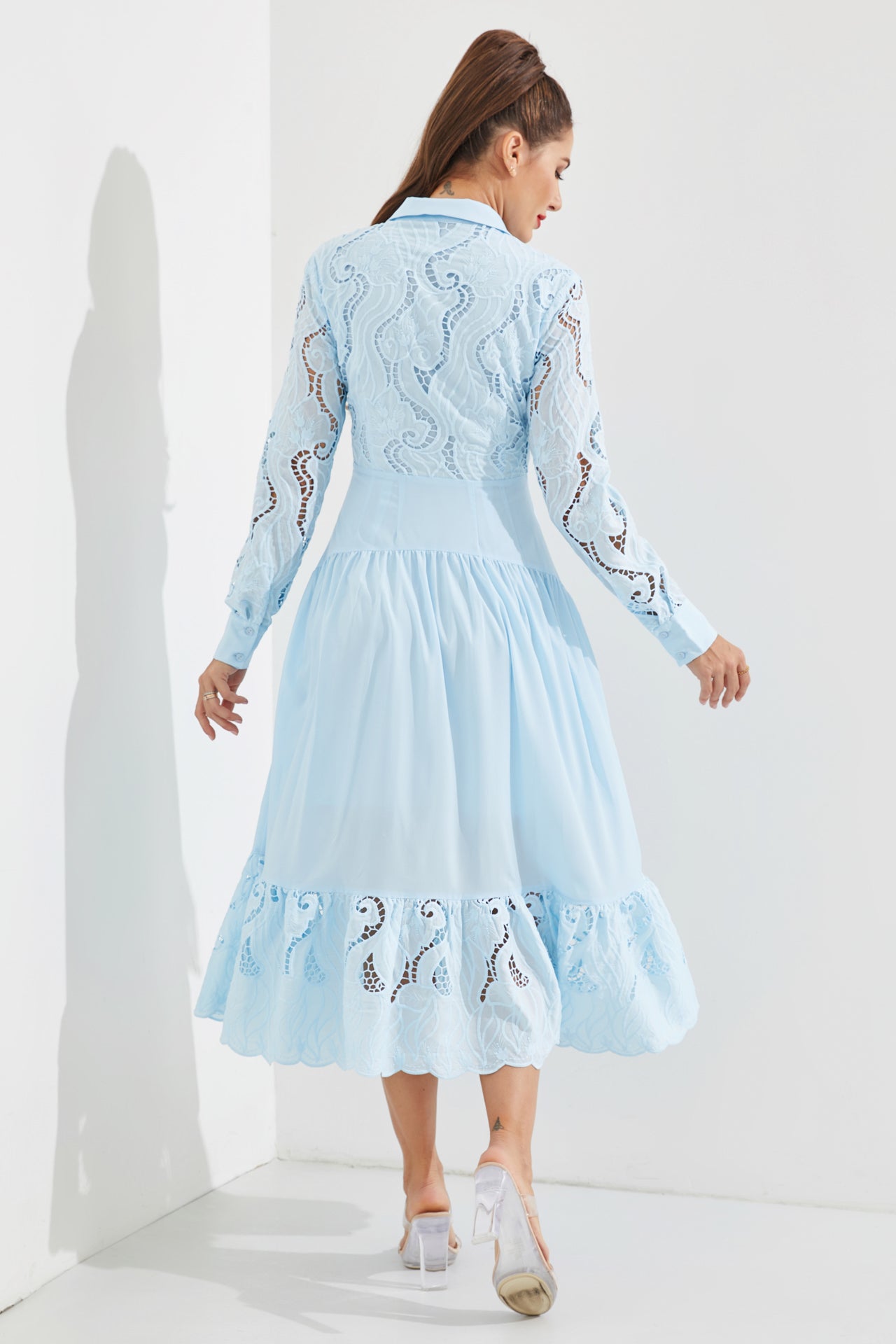Woven Lace Tiered Shirt Dress