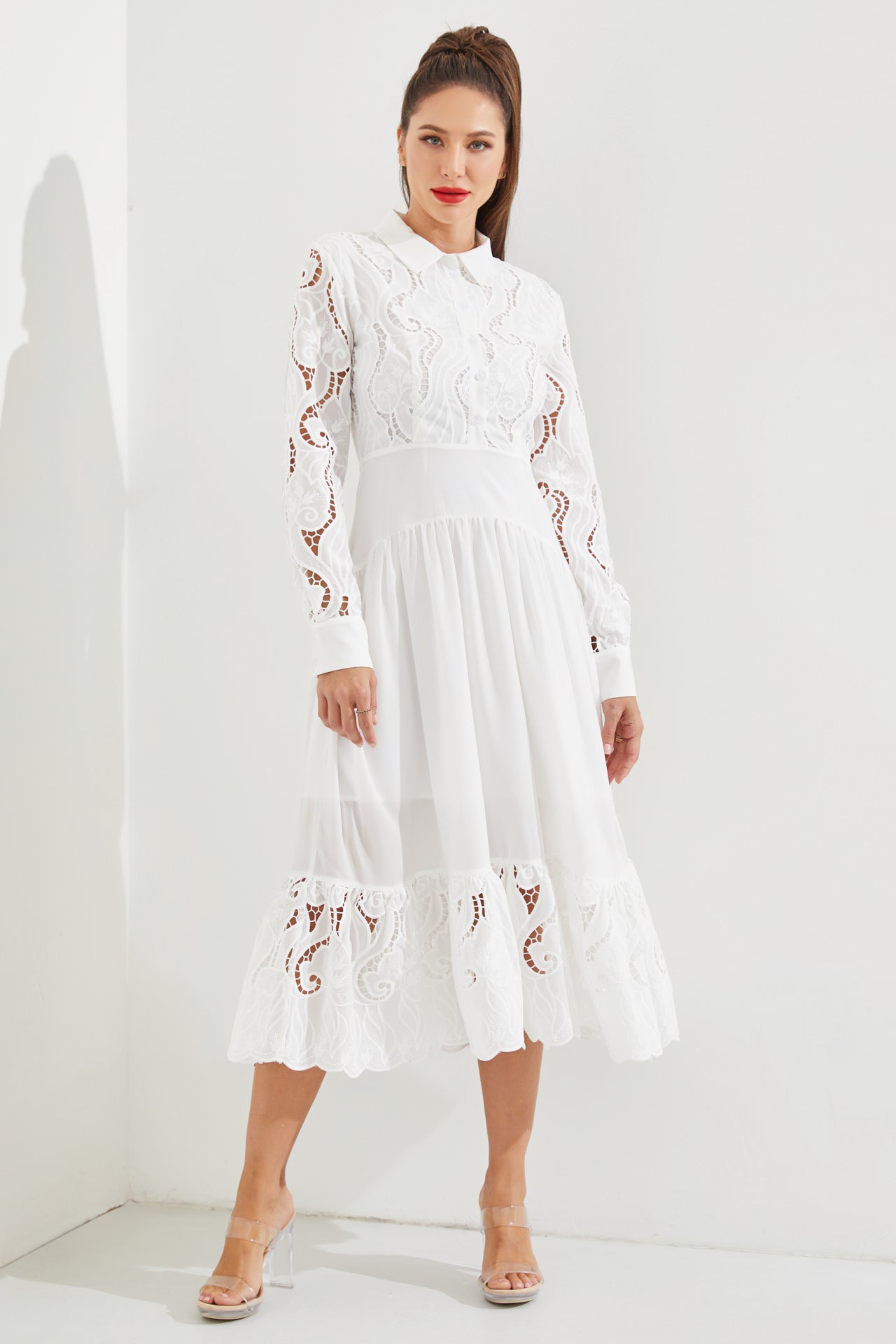 Woven Lace Tiered Shirt Dress