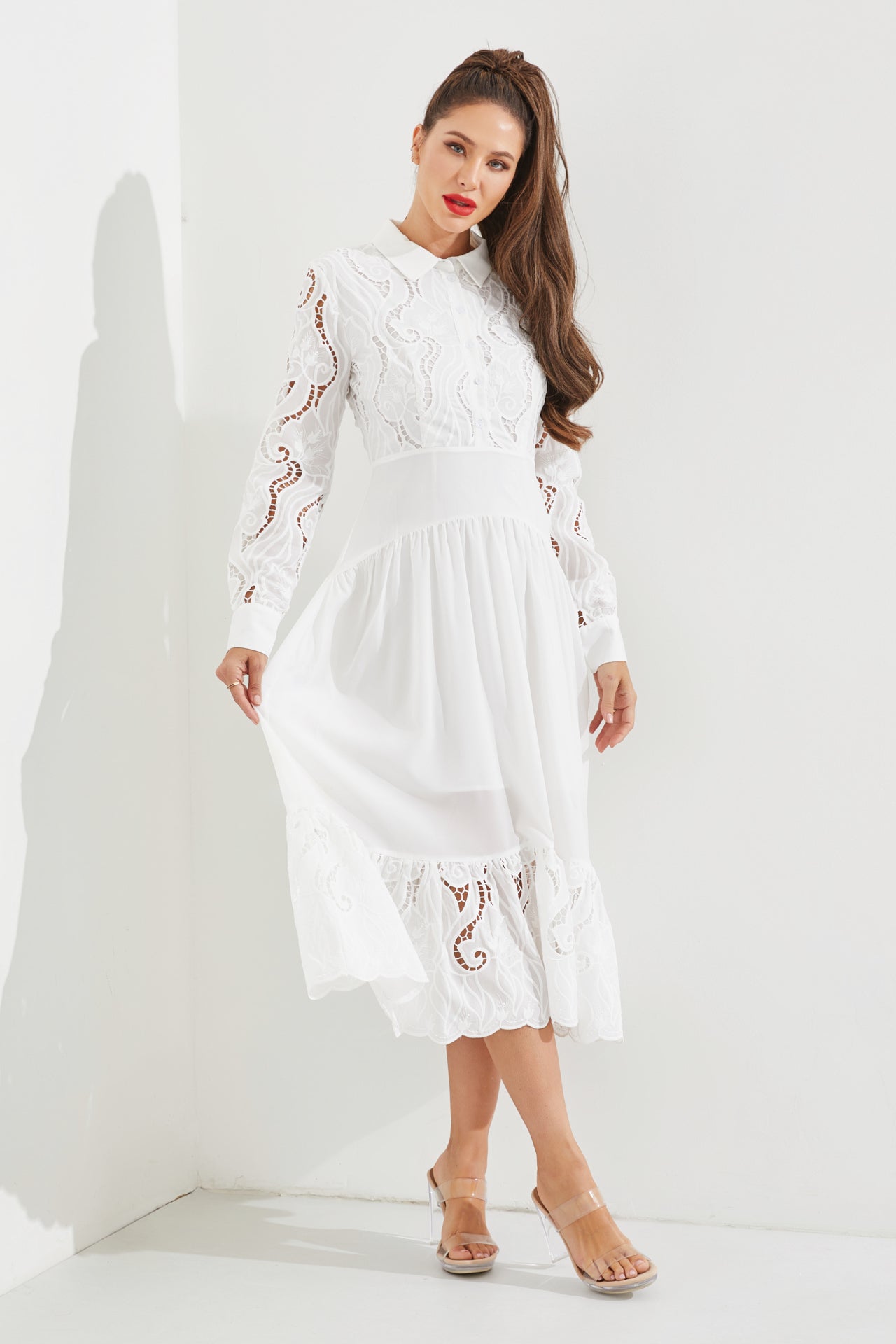 Woven Lace Tiered Shirt Dress