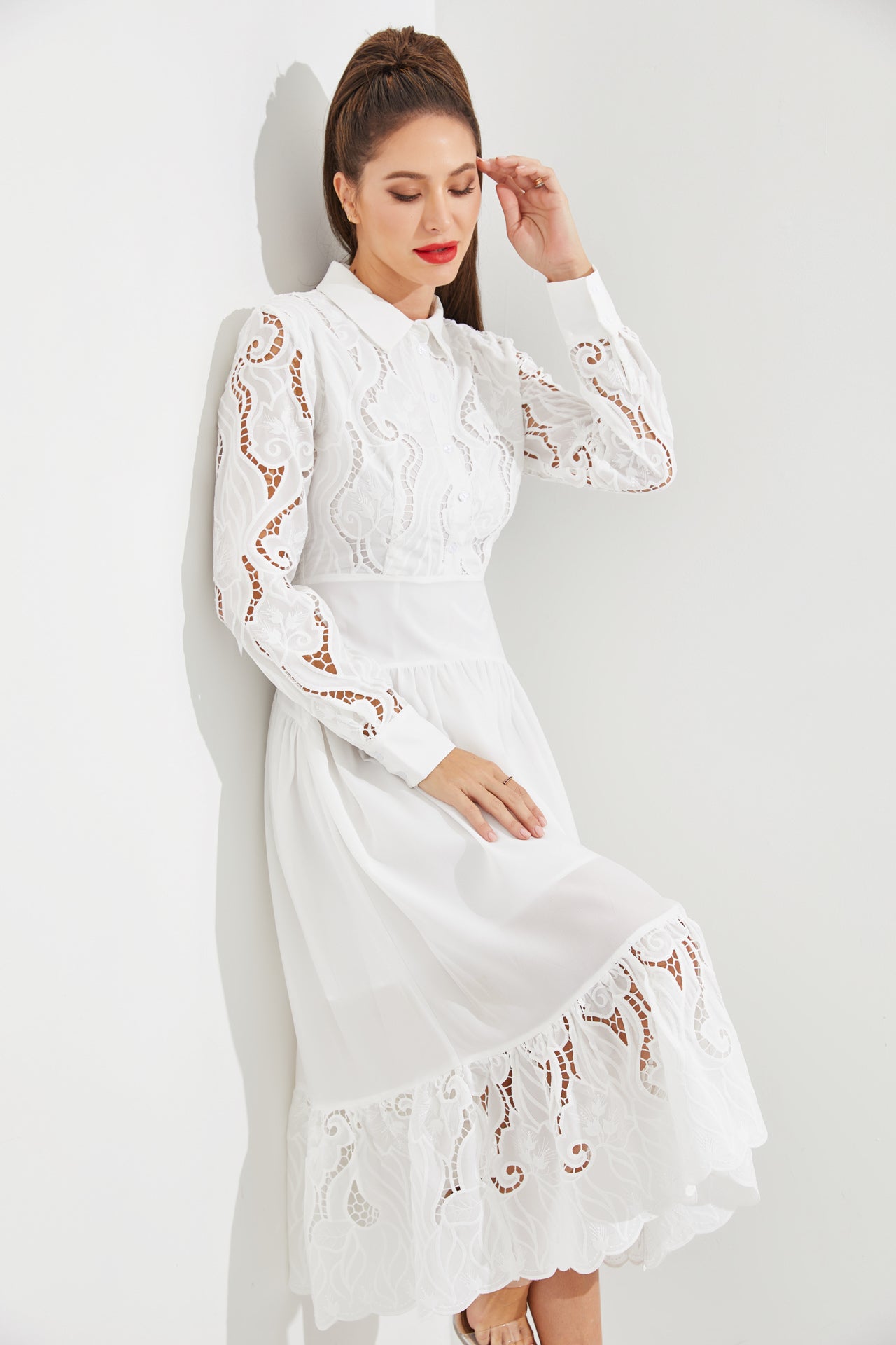 Woven Lace Tiered Shirt Dress