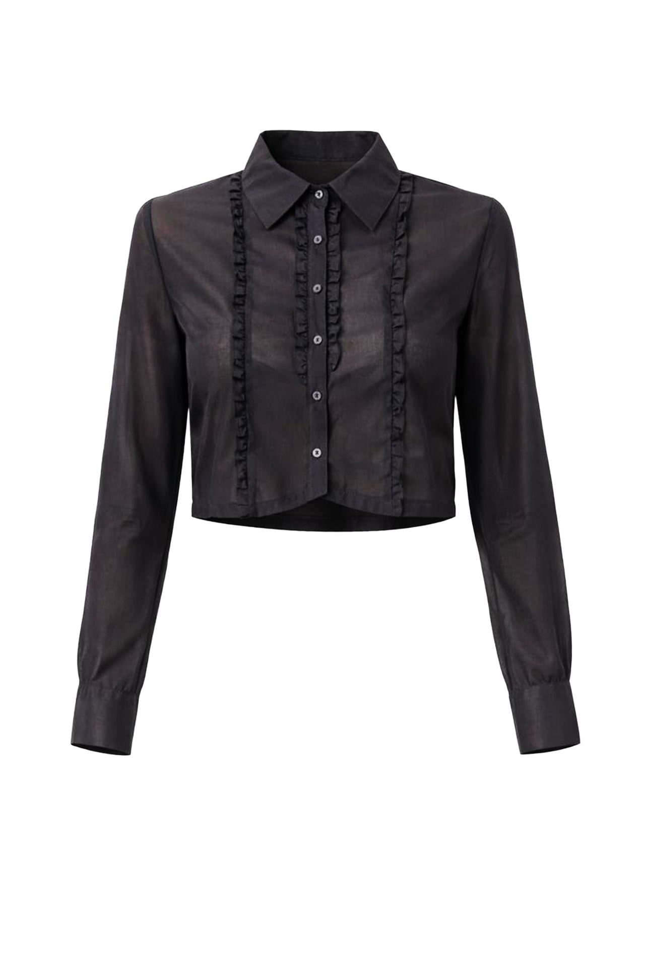 Woven Sheer Tuxedo Shirt With Ruffles