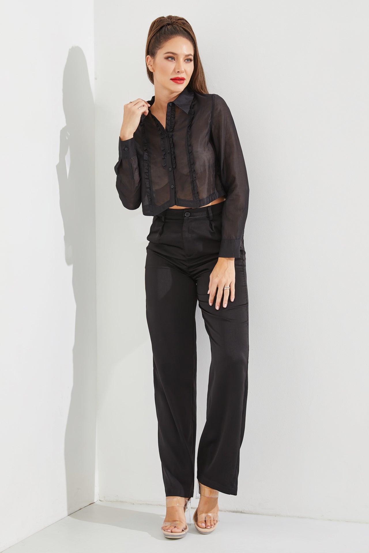 Woven Sheer Tuxedo Shirt With Ruffles