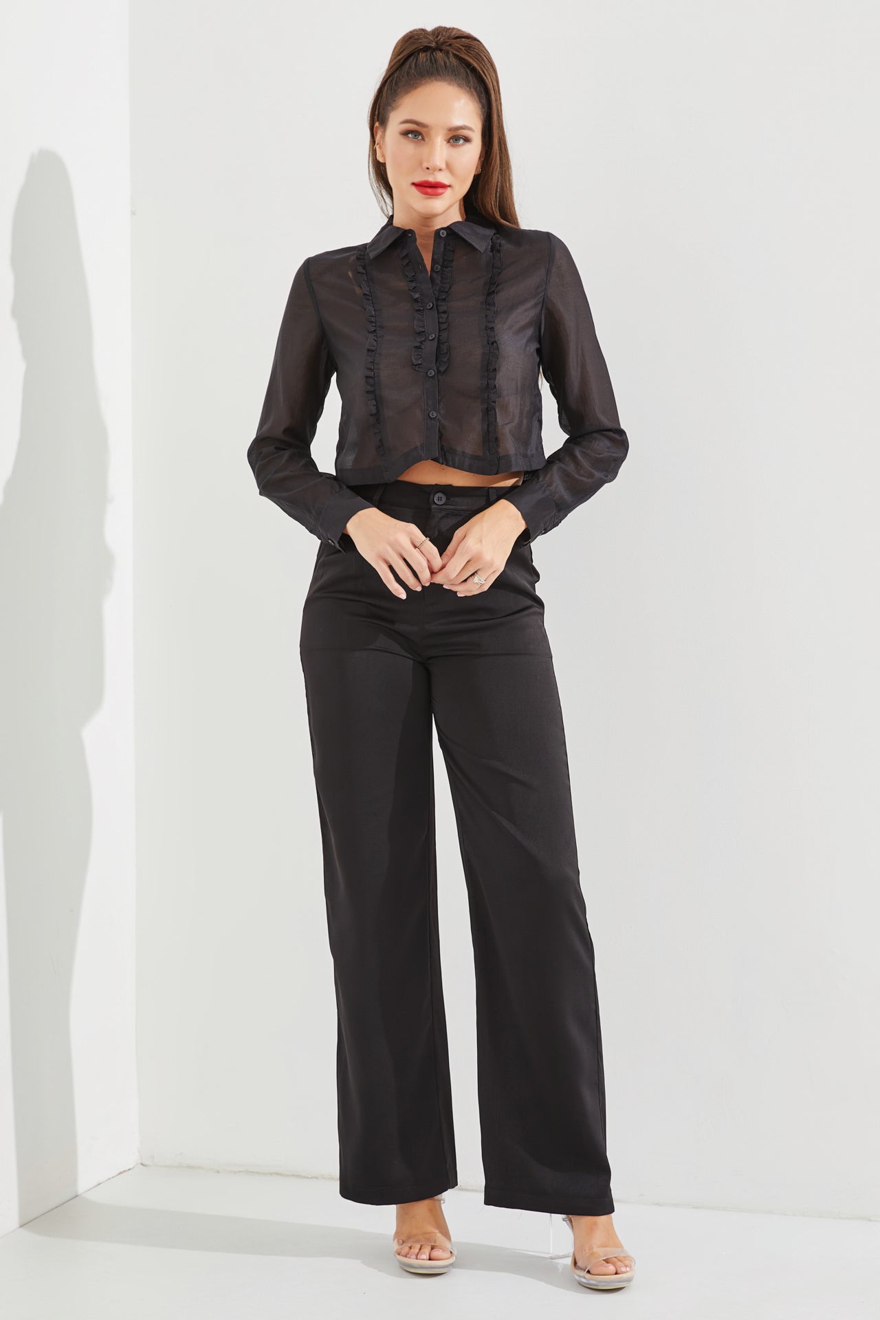 Woven Sheer Tuxedo Shirt With Ruffles