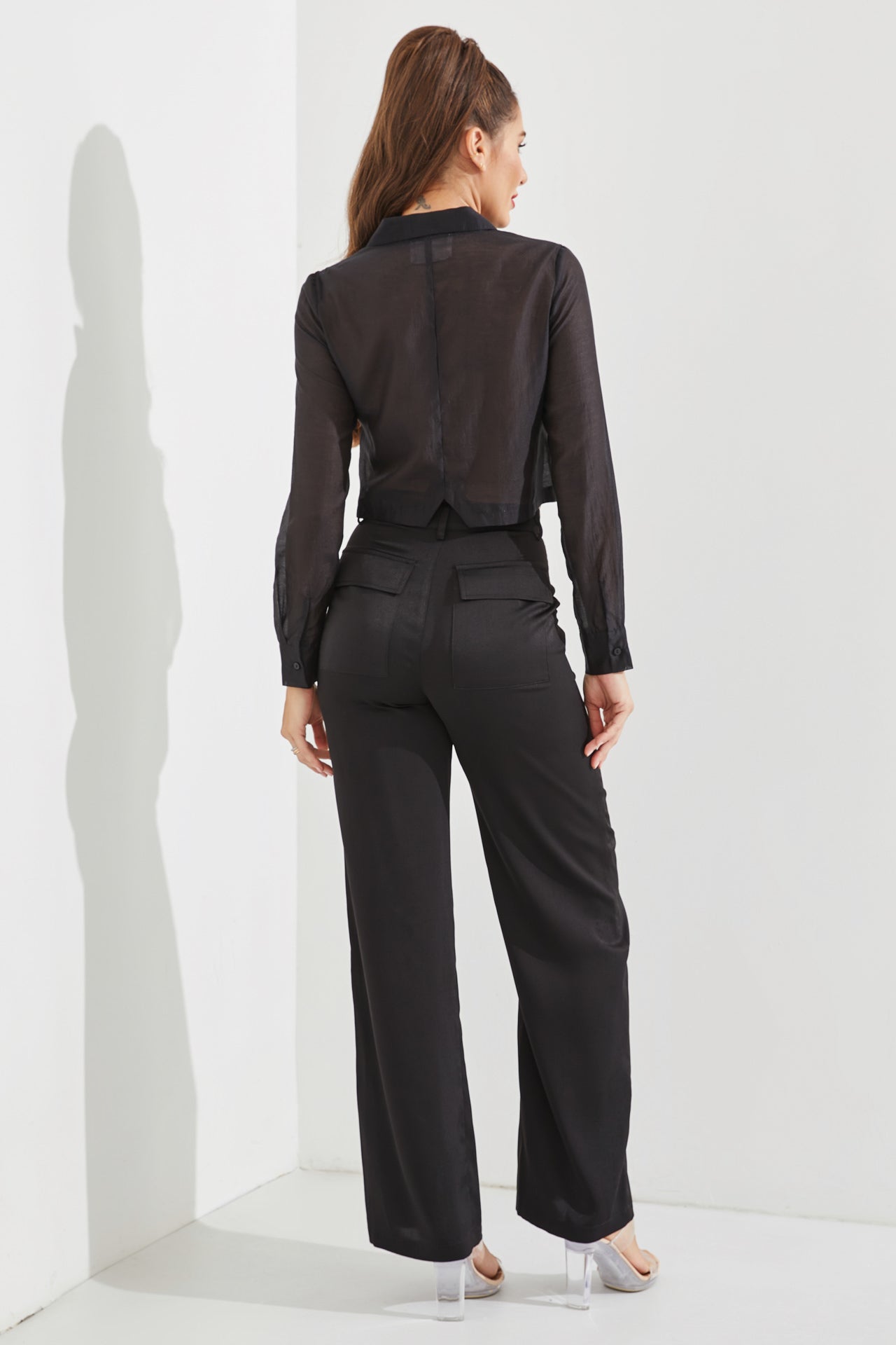 Woven Sheer Tuxedo Shirt With Ruffles