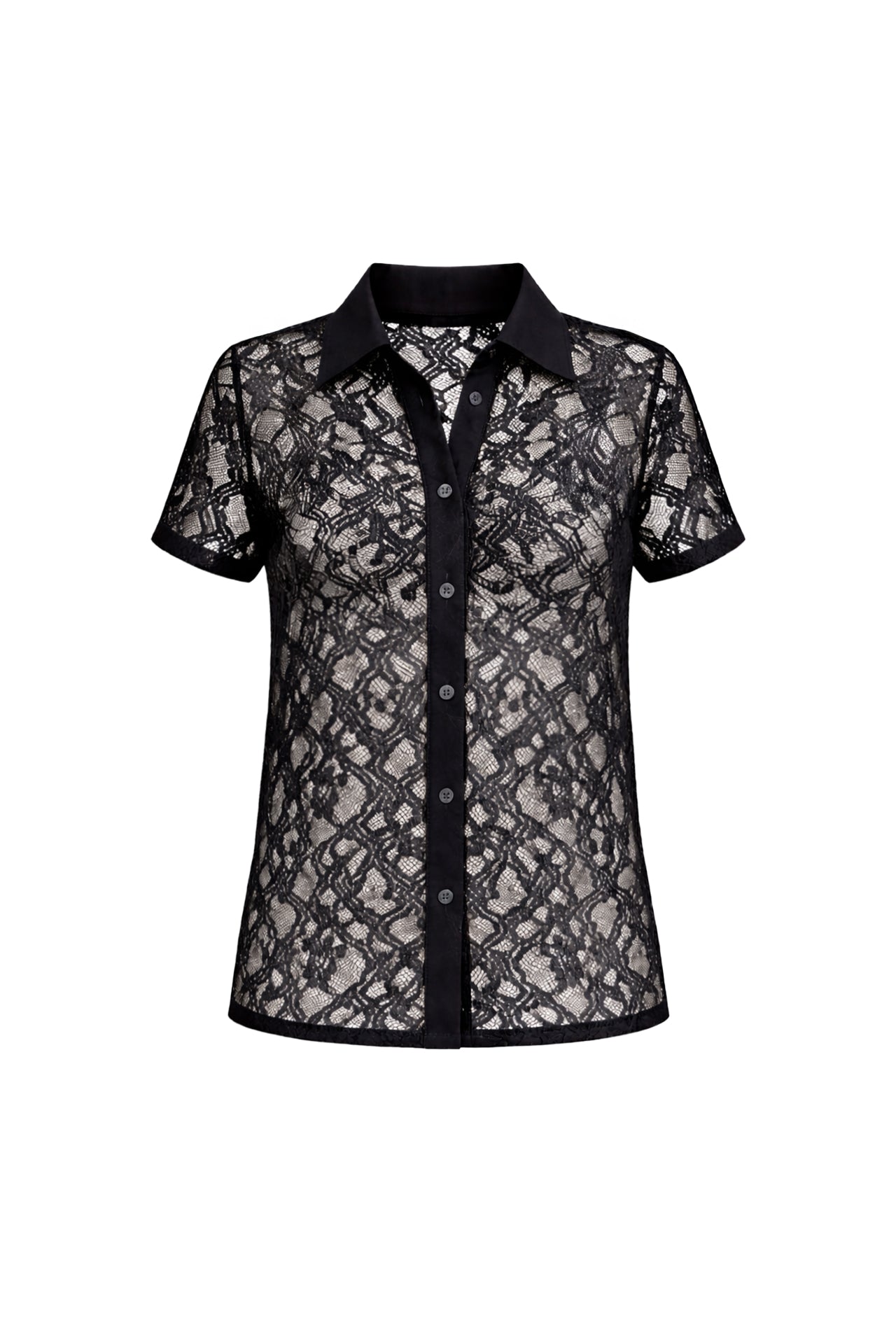 Stretch Lace Short Sleeve Button Down Top