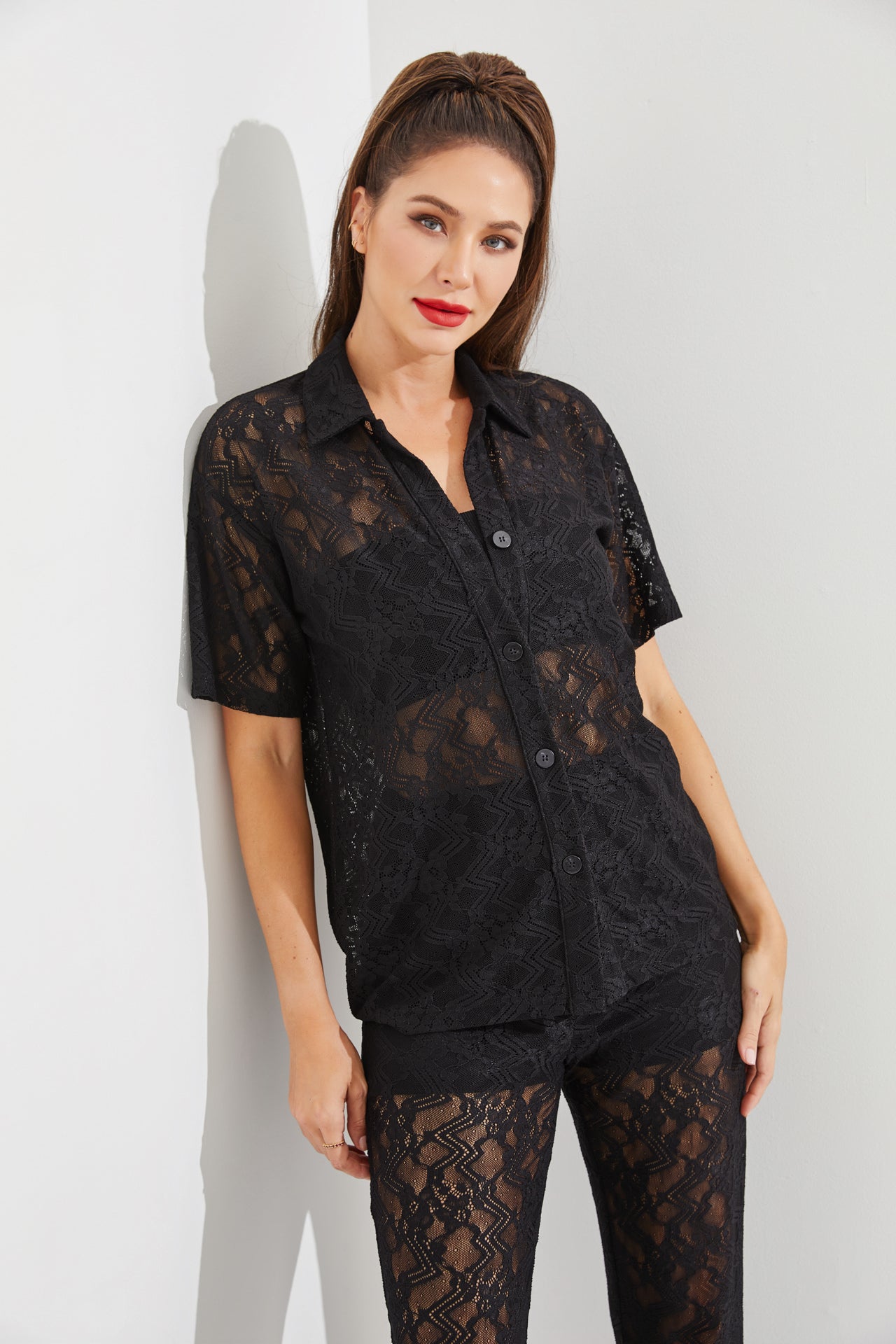 Stretch Lace Short Sleeve Button Down Top