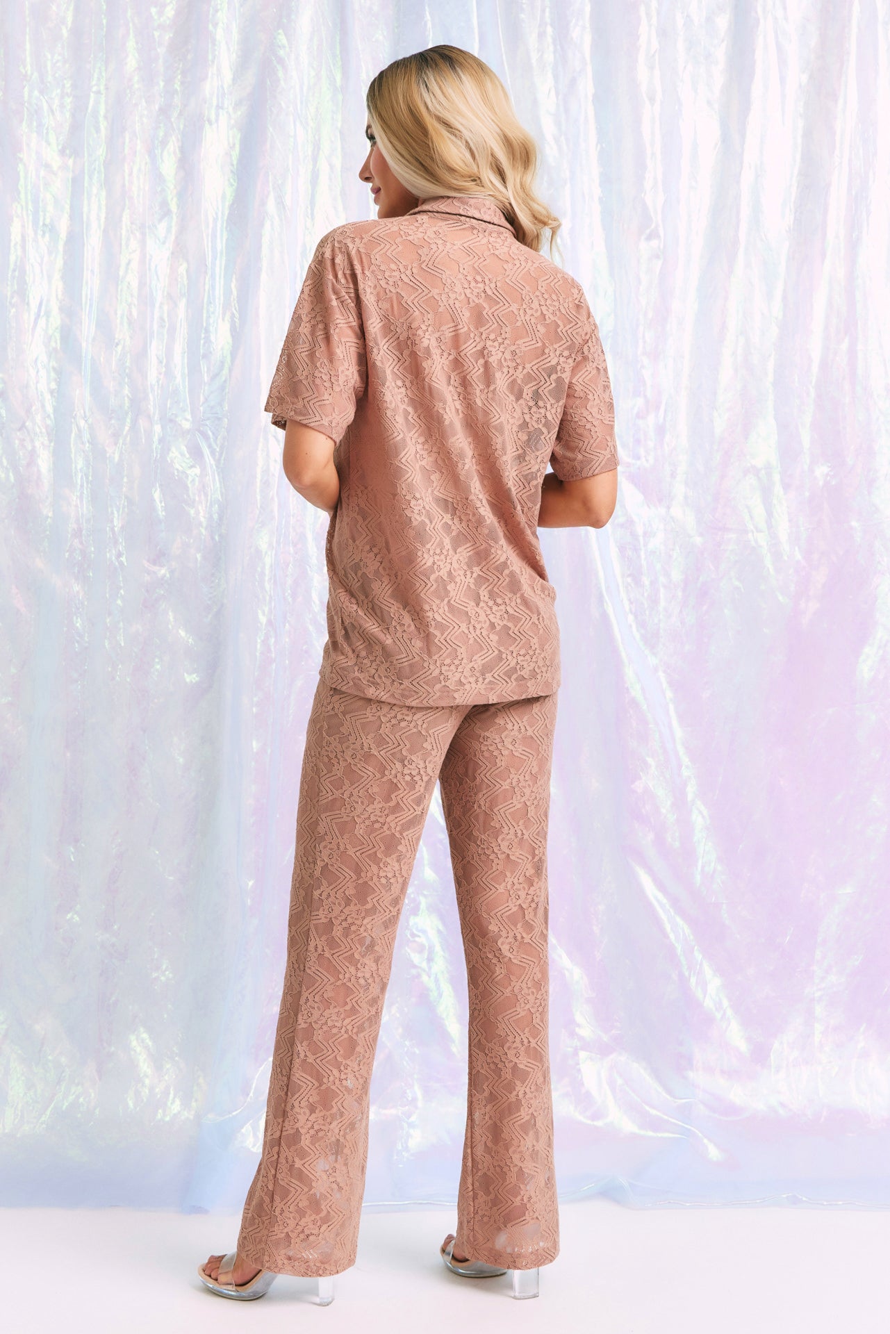 Stretch Lace Short Sleeve Button Down Top