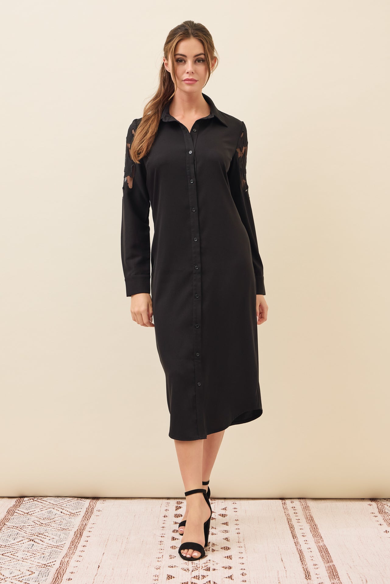 Possibilities Woven Shirt Dress with Mesh Cutout